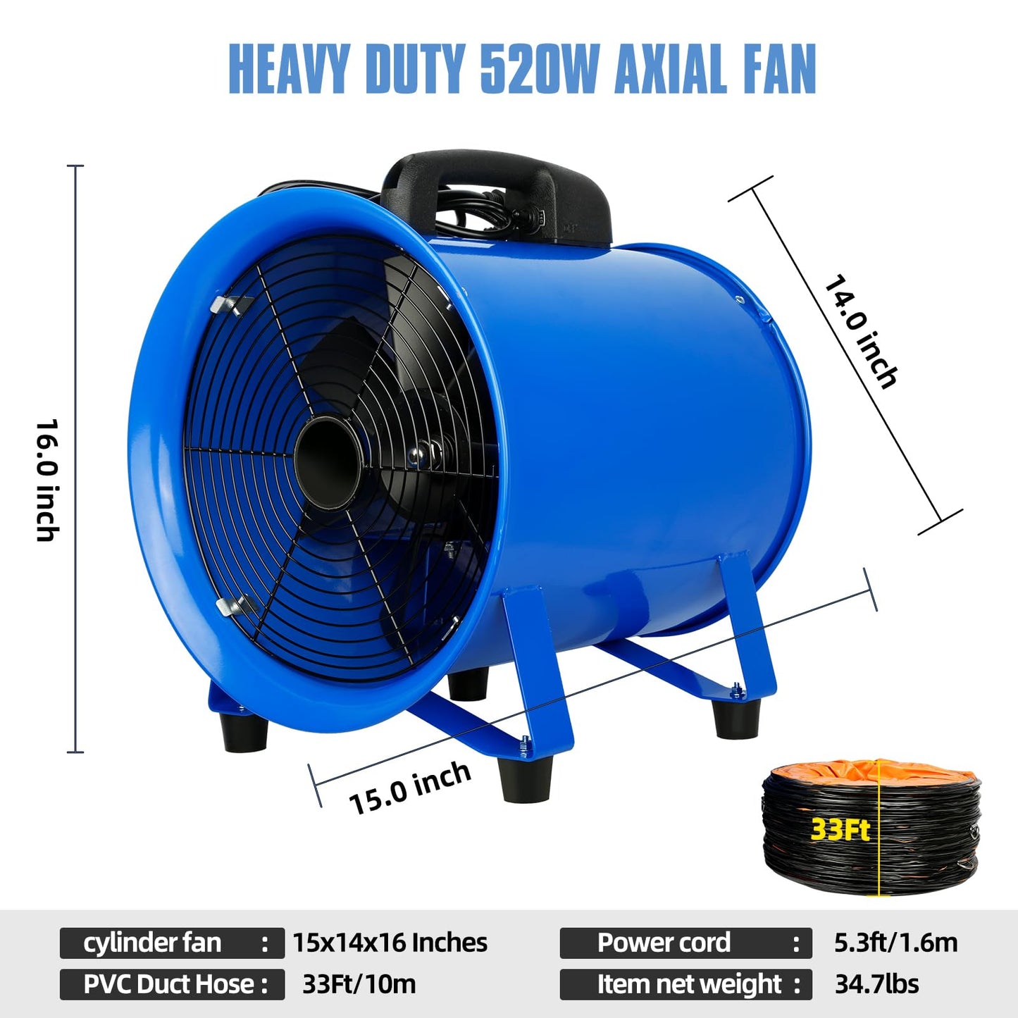 WARSUN Utility Blower 520W 12inch Exhaust Axial Fan 4100 m3/h High Velocity Portable Extractor Fan with 33Ft Duct Hose Portable Ventilator for Exhausting Ventilating at Home or Workplace 370PA