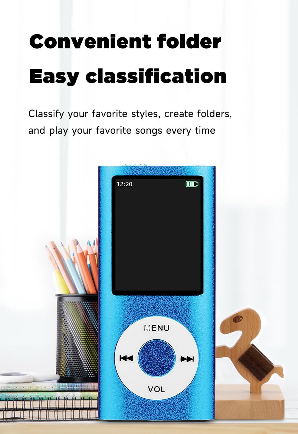 FKLBBLPM MP3 MP4 Portable Music Player, LCD Screen with Equalizer Display, MENU and VOL ControlsBlue