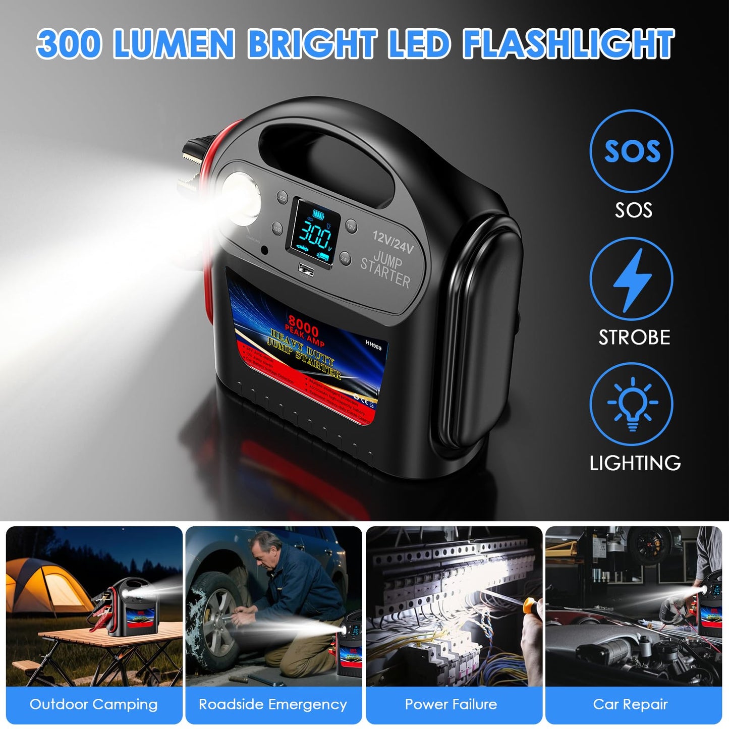 8000A 12V/24V Jump Starter for Large Gas & Diesel Engines, Heavy-Duty Portable Battery Booster Pack for Trucks, RVs & Commercial Vehicles with Force Start, Digital Display, LED Light & USB Charging