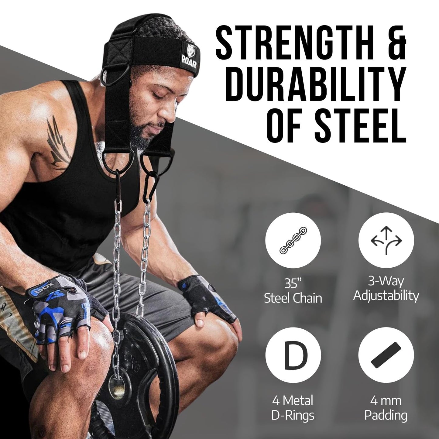 Roar® Neck Harness for Weight Training with Steel Chain & Heavy-Duty D-Rings – Padded Neoprene Head Strap, 4-Way Neck Strength Trainer for MMA, Boxing, Wrestling & Gym – Adjustable, Comfortable & Durable