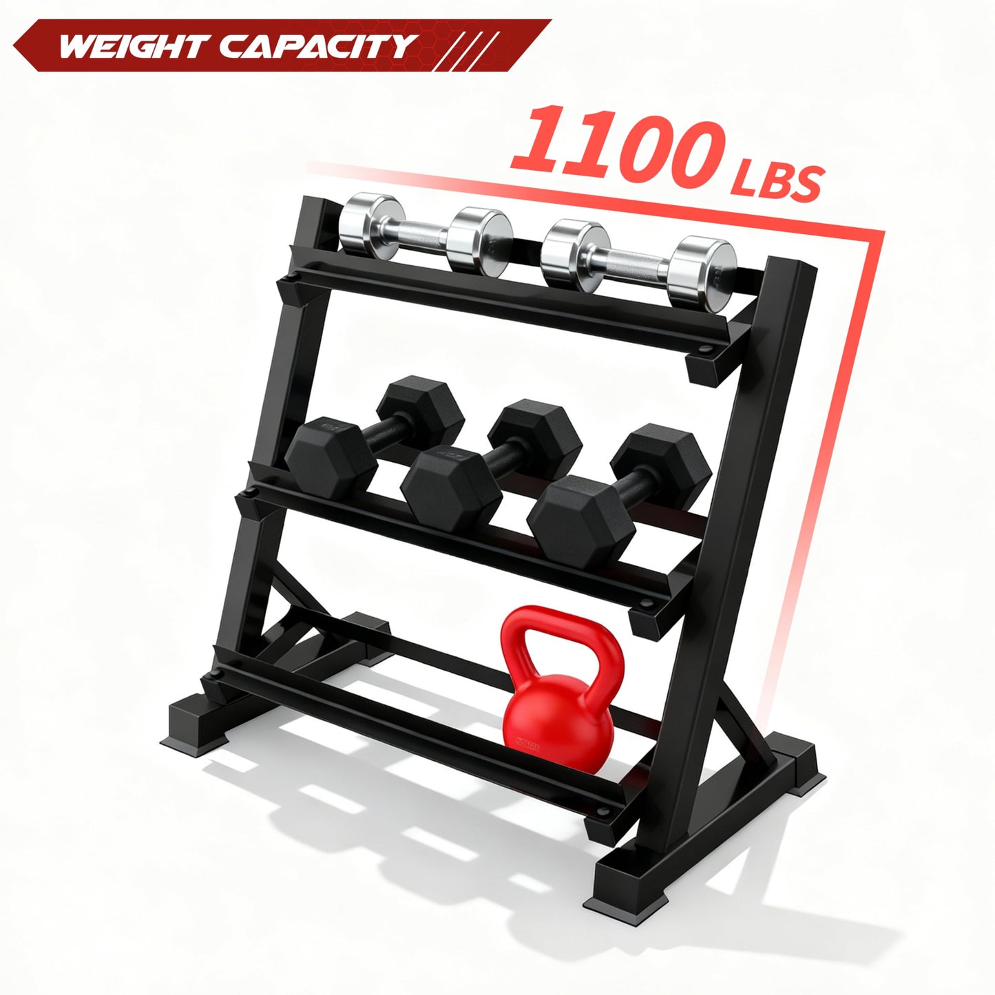 Zlinke 3-Tier Dumbbell Rack Multilevel Weight Storage Organizer for Home Gym, Weight Rack for Dumbbells, Kettlebells, 1100LBS (Rack Only)
