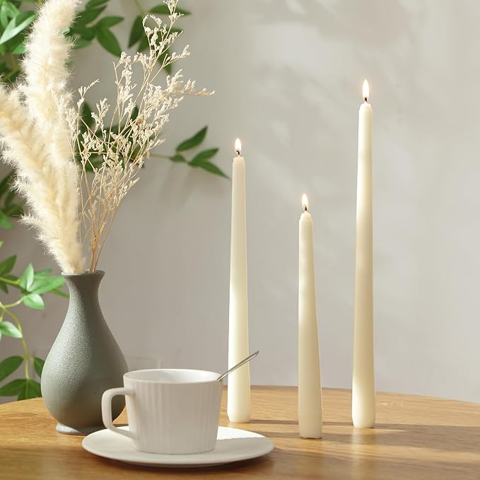 MTLEE Multi Height Beige Taper Candles - Unscented, 8/10/12 Inch, 8 Hour Burn Time, Perfect for Dinner Parties & Home Decoration (36 Pack)