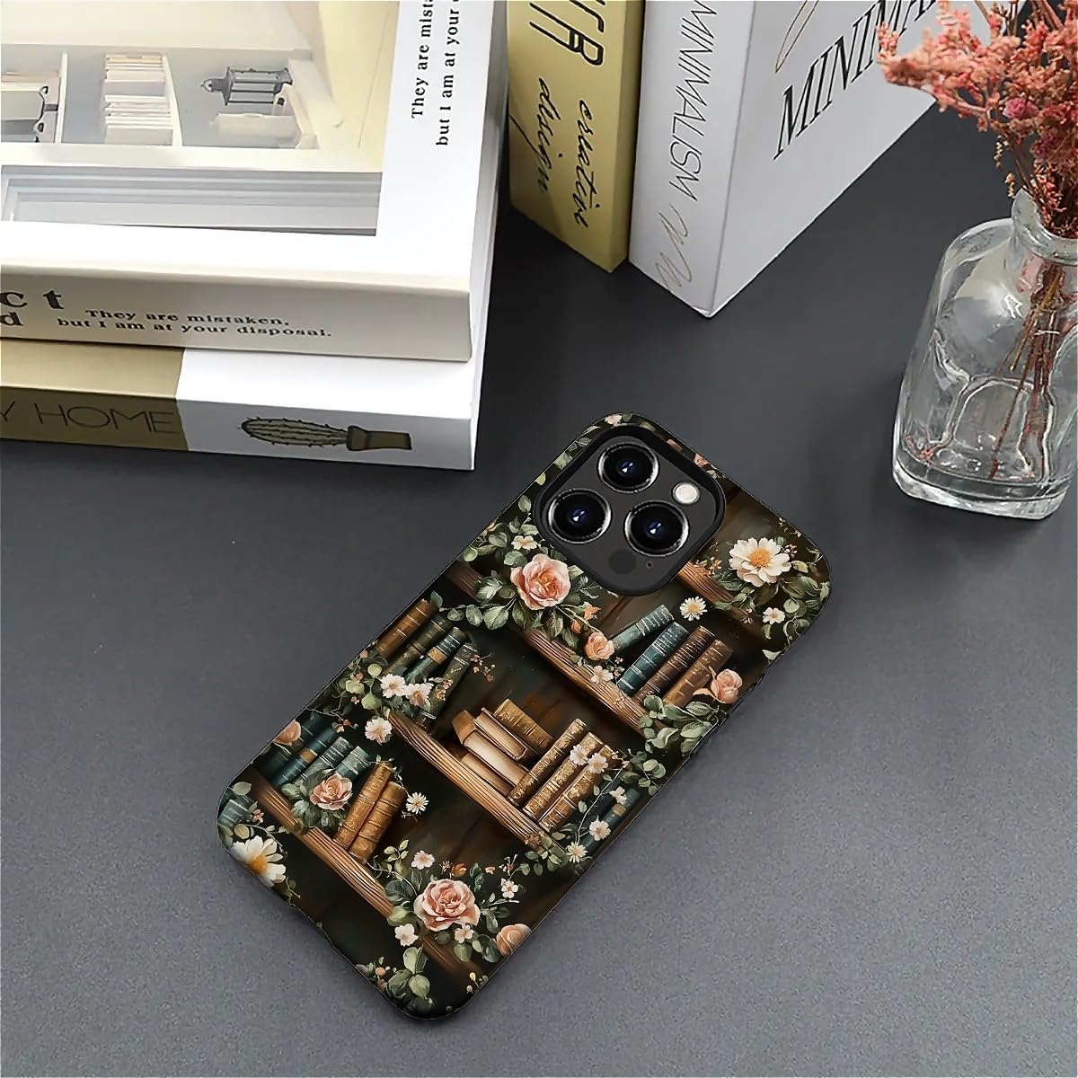 Akinmi 16 16 Case for iPhone Pro,Vintage Flowers Entwined Bookshelf Exquisitely Pattern Double Protective Phone Cover
