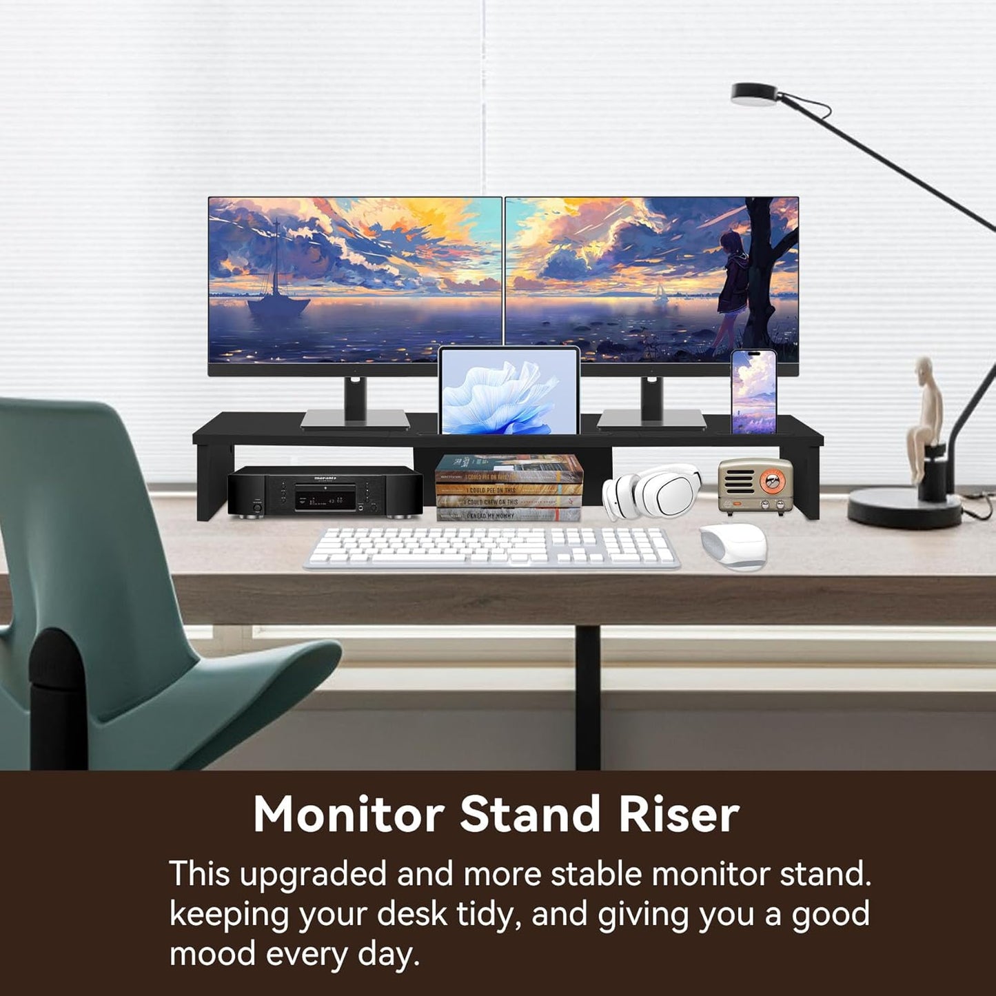 35.8in 2 Dual Monitor Stand Riser with Phone Tablet Holder, Large Monitor Stand for Desk, Computer Monitor Stand