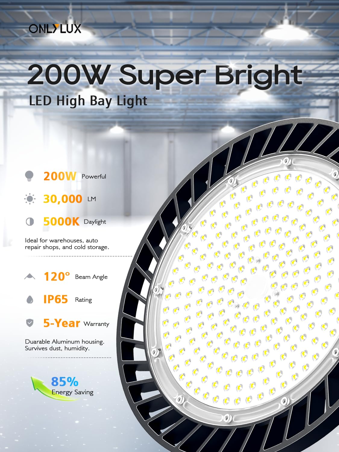 ONLYLUX Super Bright 200W UFO LED High Bay Light, 30000LM High Bay LED Shop Lights, 5000K UFO High Bay Lighting for Garage, IP65 Waterproof Non-Dimmable Shop Lights, 120V-277V Garage Light(12 Pack)