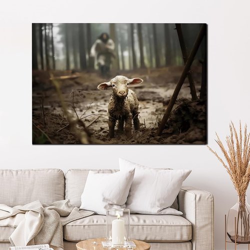 Balgardekor Jesus Canvas Wall Art - Inspirational Running After Lost Lamb Design | 12 x 16 Inches, Grey