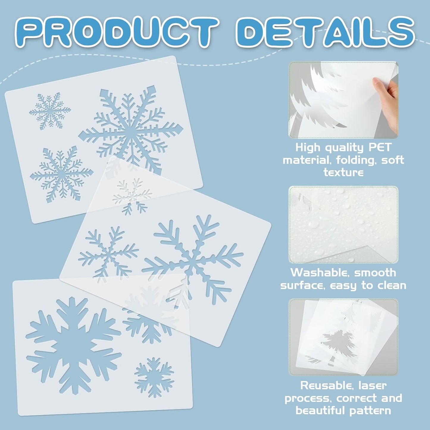 Weysat Winter Snowflake Stencils - 3 Pcs Reusable Craft Templates for Walls, Windows & More
