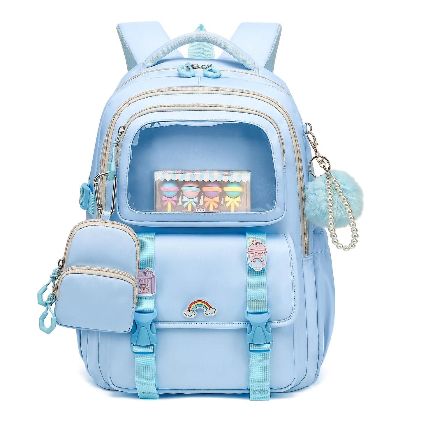 QIXIHU Girls Backpack, Kawaii Kids Backpacks for Girls Multiple Pockets School Bookbag for Girl for Primary Elementary School, Age 6-12 Years Old, Blue