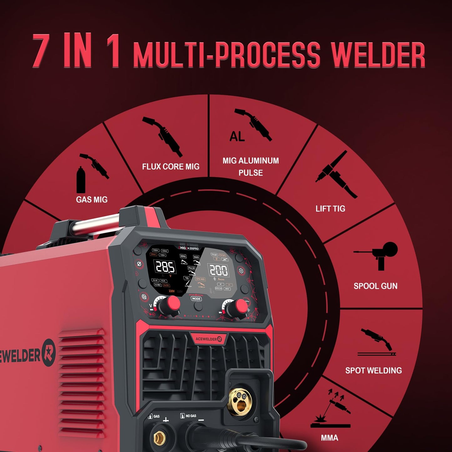 ACEWELDER Aluminum MIG Welder with Pulse 200A 7 in 1 Gas MIG/Pulse MIG/Gasless Flux Core/Stick/Lift TIG/Spot Weld/Spool Gun Compatible 110V/220V Multiprocess Welding Machine