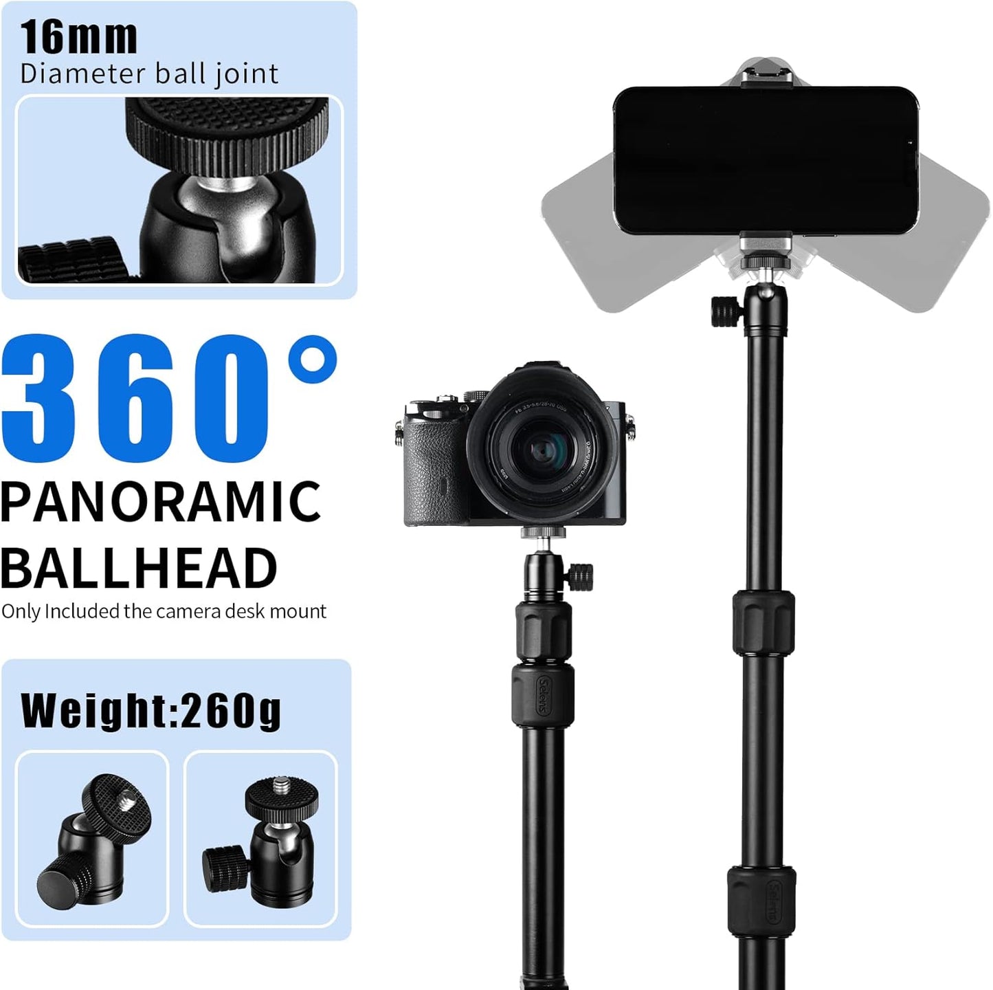 Selens 9.4"-18.5" 1/4" Tabletop Camera Desk Mount Stand, with Ball Head, Adjustable Desktop Stand Mount for DSLR
