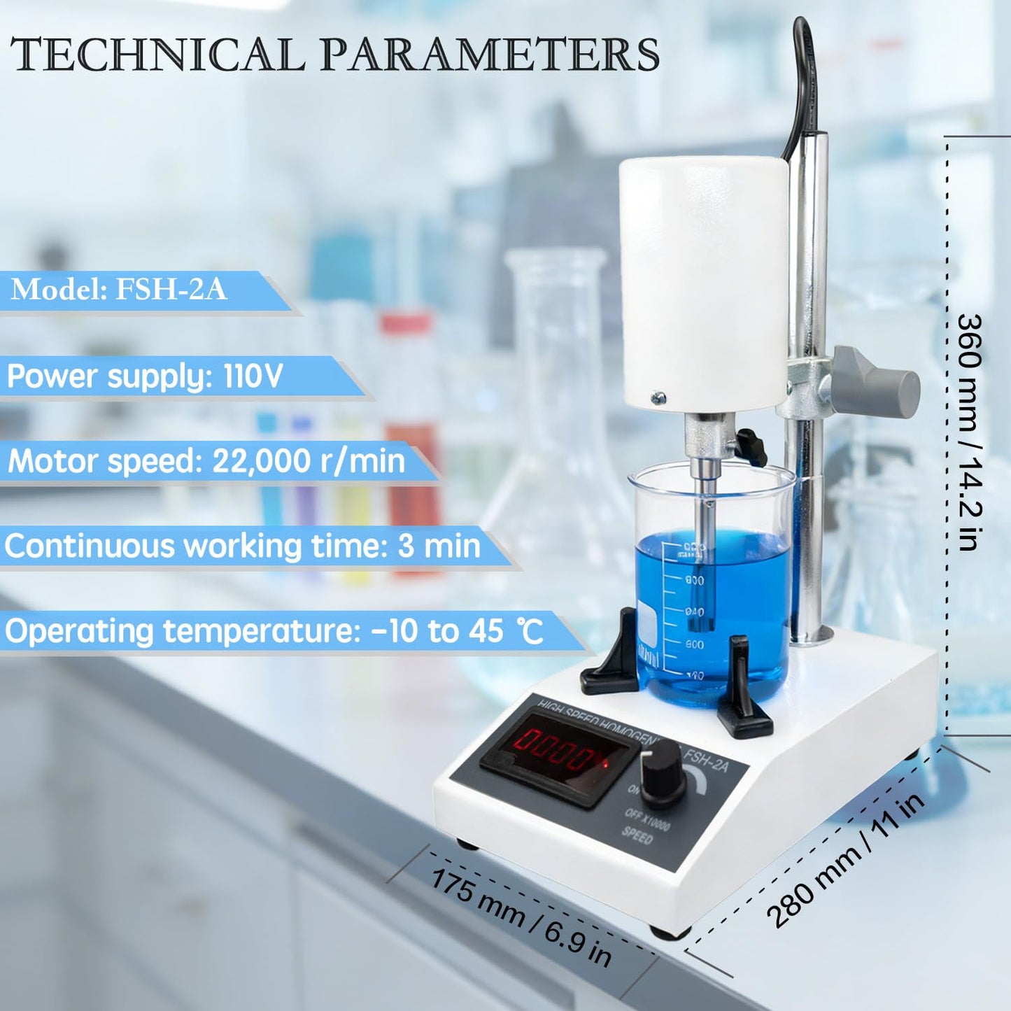 Protytan High Speed Homogenizer, Lab Mixer (2000-20000 RPM), Emulsification & Homogenizing Machine, 20-1200ml Capacity, Max Viscosity 5000mpas, Includes 2 Work Heads for Cosmetics & Food