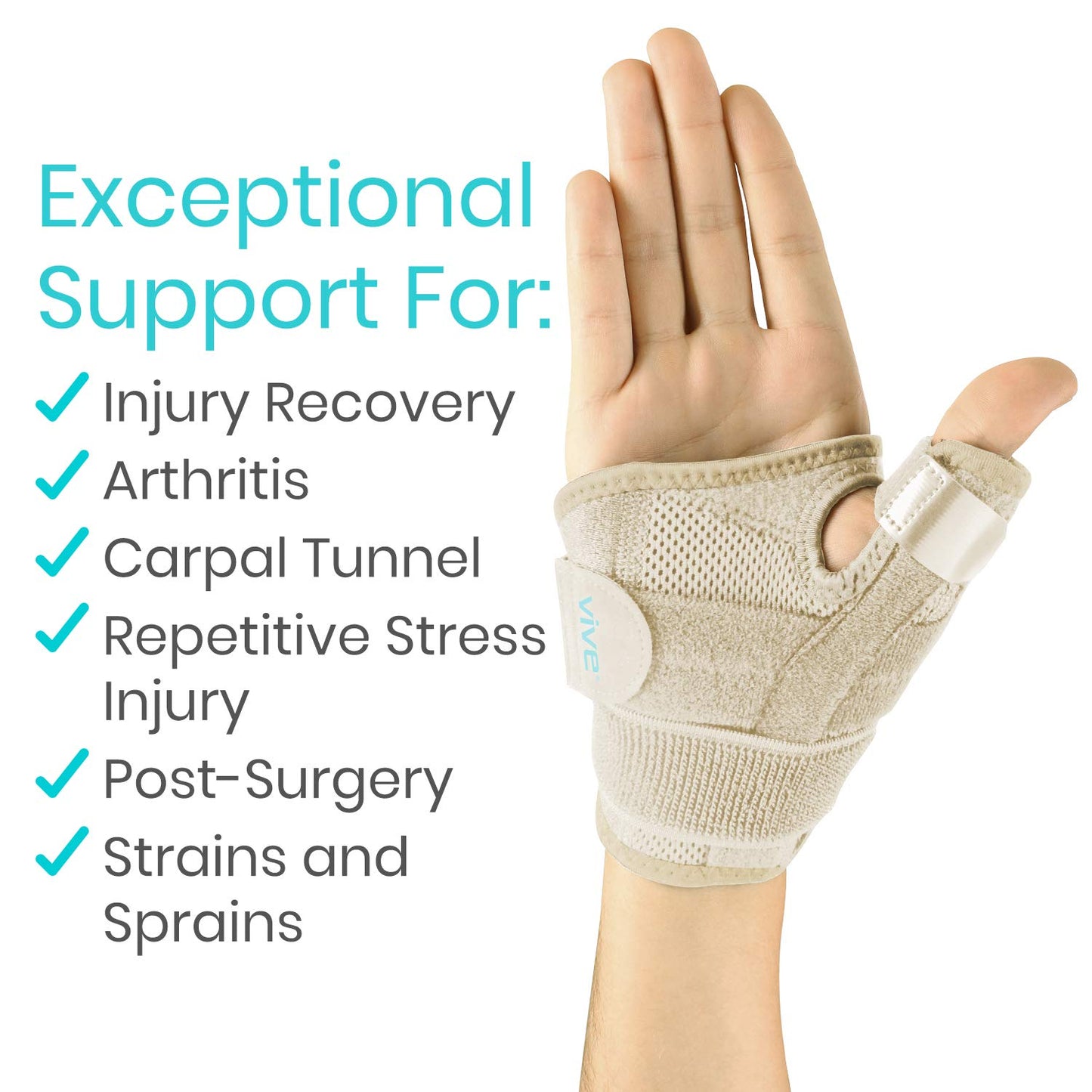 Vive Thumb & Wrist Brace for Right or Left Hand - Spica Splint Brace for Carpal Tunnel, Tendonitis, & Arthritis in Hands or Fingers - Compression Support for Women Men - Stabilizer Relief for Bowling