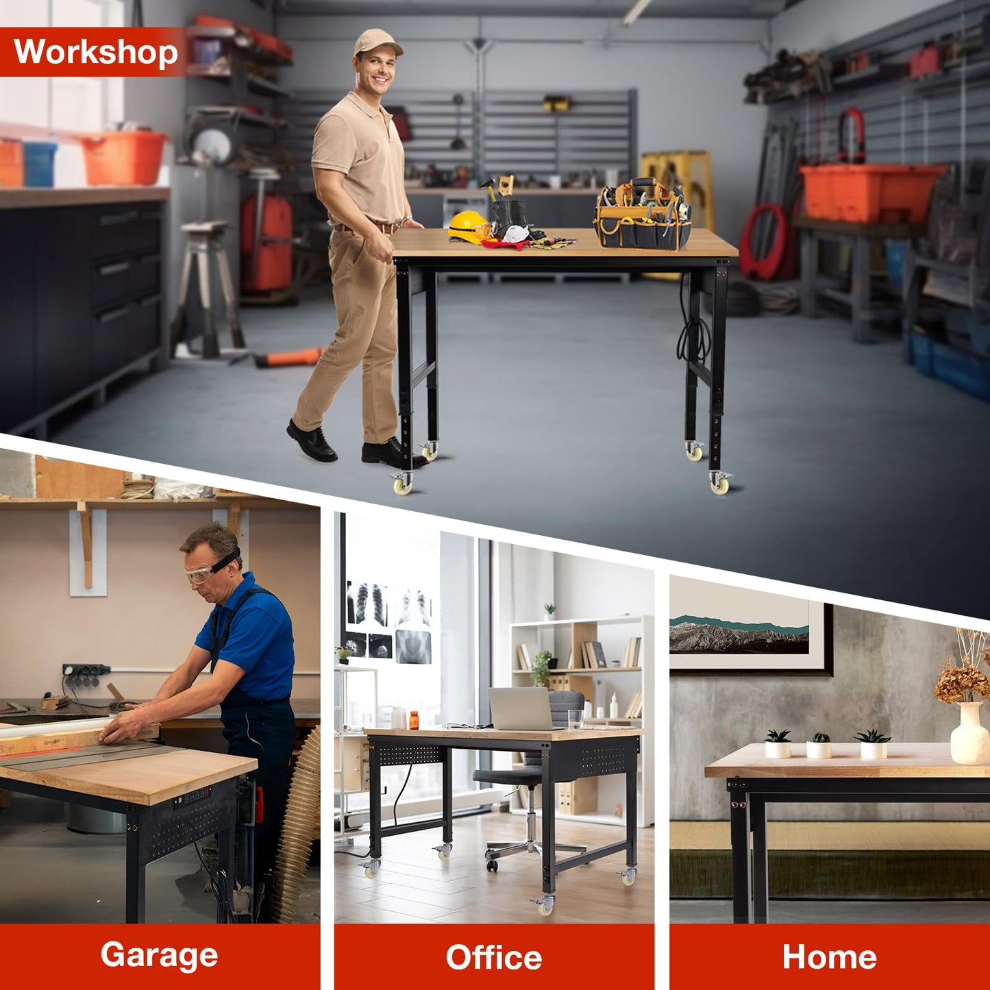 MUWOOD 48" L×24”W Adjustable Workbench with Wheels, 28”-40”Height Heavy Duty Table 2000 LBS Load Capacity, Work Bench with Power Outlet & Pegboard, Rubber Wood Work Table for Garage, Office, Workshop