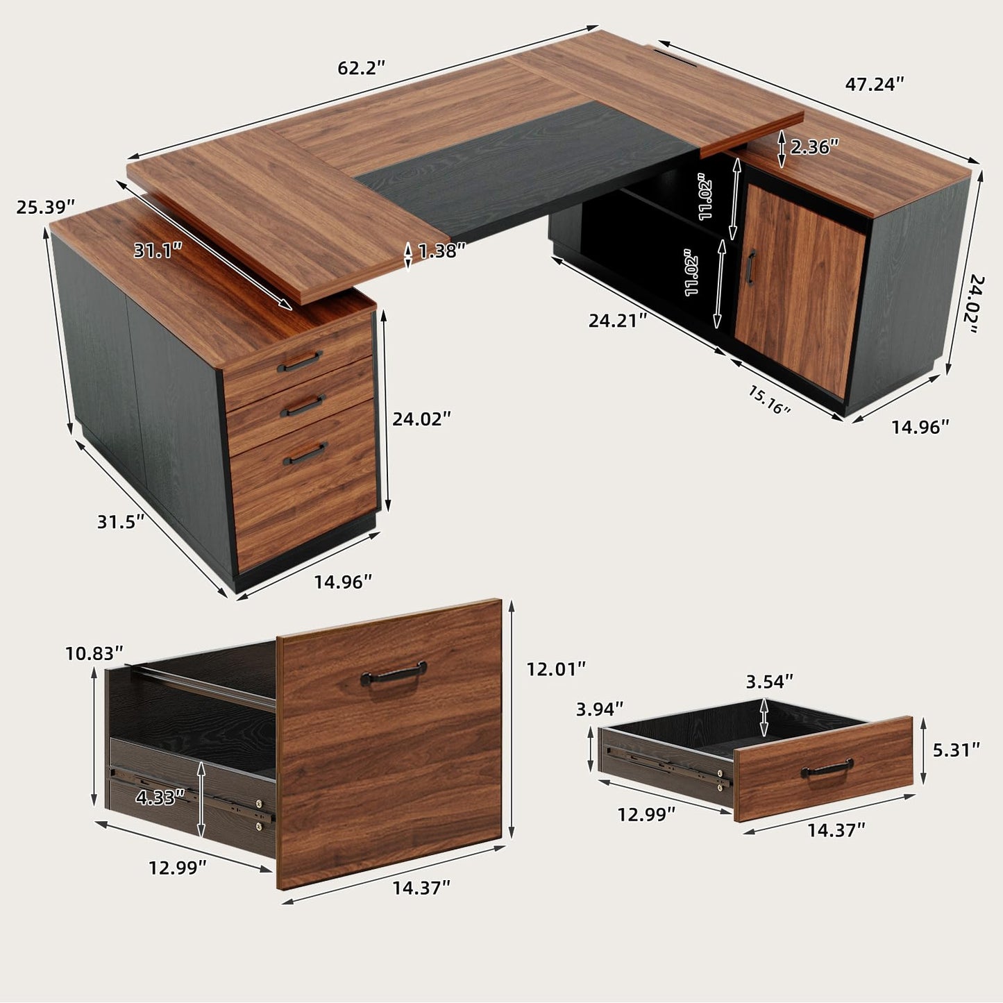 Epecoya Executive L-Shaped Desk with Storage Cabinet, 78-Inch Large Home Office Desks with Power Outlet and Lateral File Cabinet, Modern Computer Desk with Drawers and Open Shelf, Brown Black