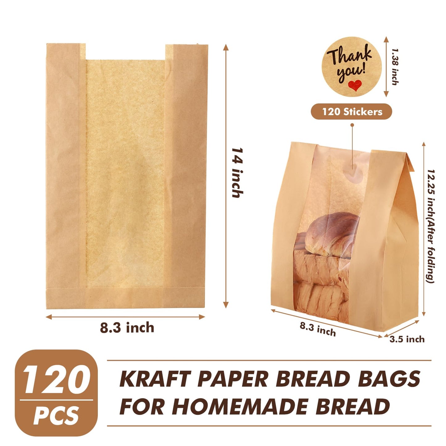 Aertiavty 120 Packs Bread Bags for Homemade Bread, 14" x 8.3" x 3.5" Bakery Bags with Window, Sourdough Bread Bags with Label Sealing Stickers, Paper Bread Bag for Sourdough, Snacks, Kraft