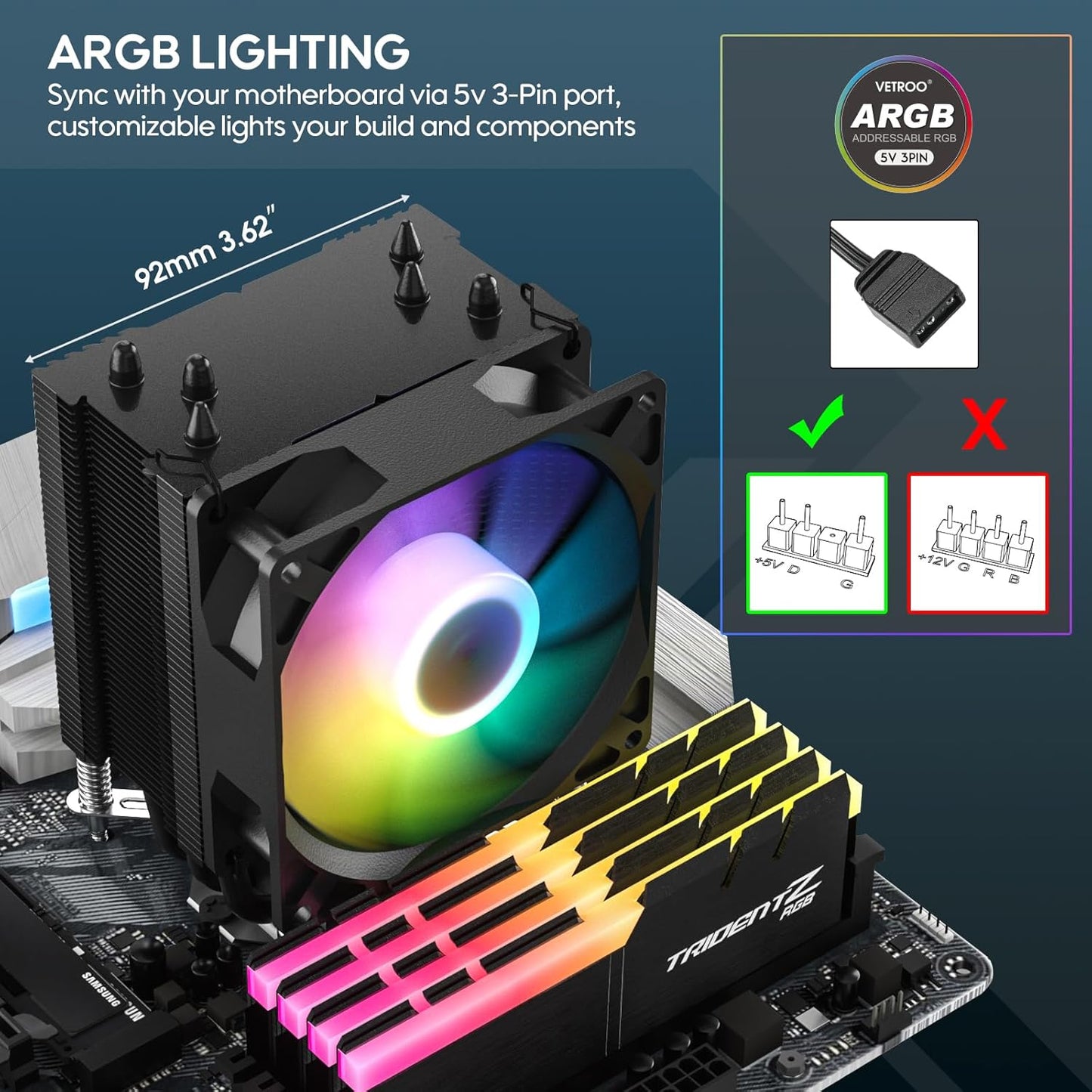 V3 133mm 92mm AM4/AM5 LGA1851/1700/1200/115X Vetroo CPU Air Cooler w/ARGB Lighting and PWM Smart Control - Compact