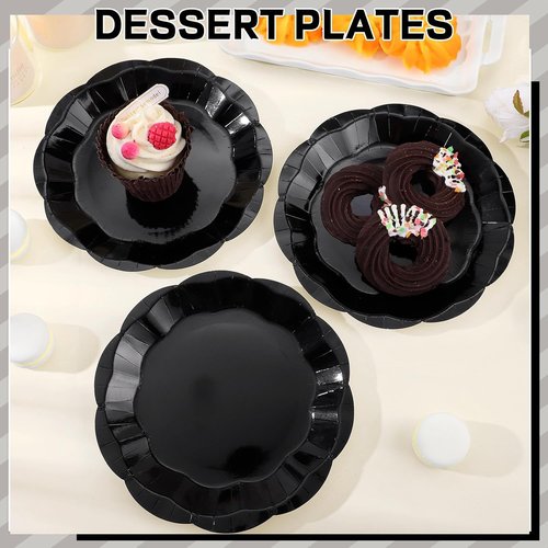 NatNarr 30 Pcs Black Paper Plates - 7 Inch Scalloped Disposable Dessert Plates for Parties & Events