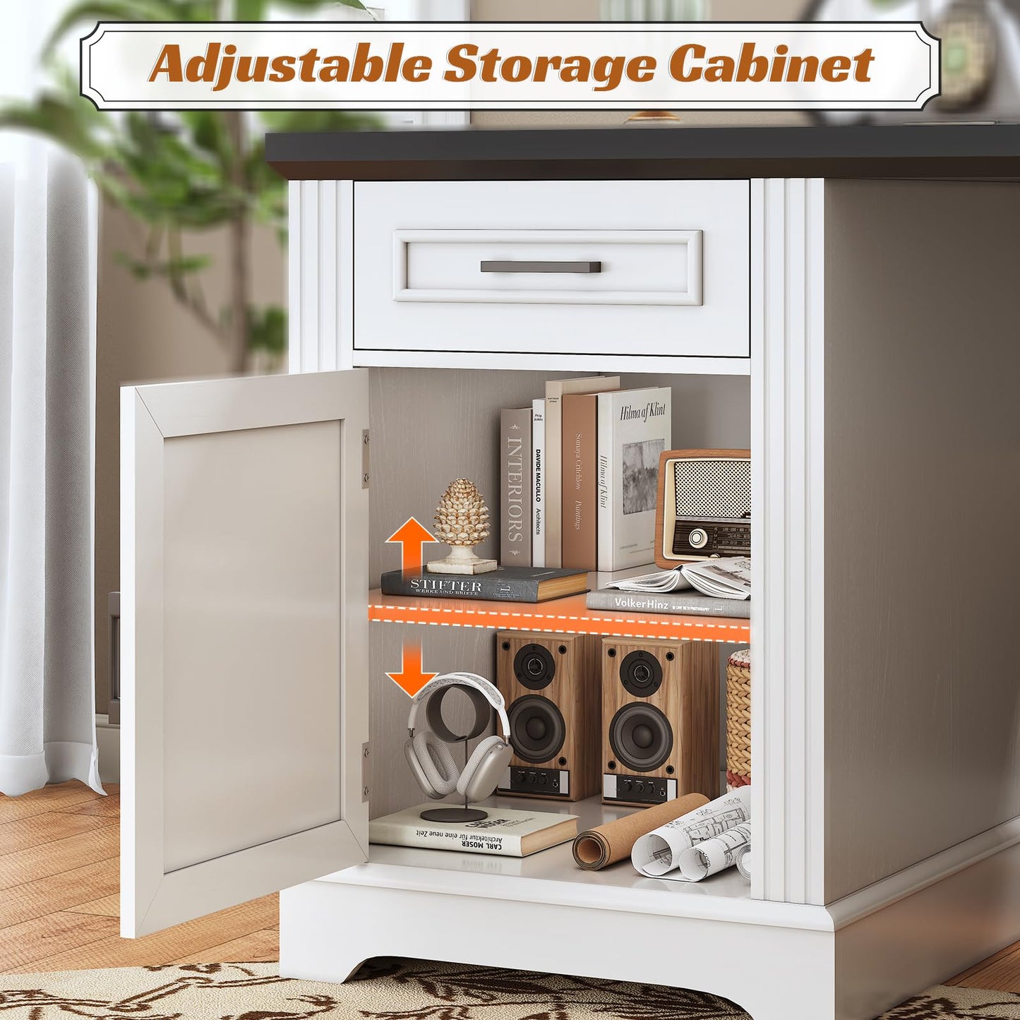 SEDETA Farmhouse 69" Executive L Shaped Desk, Home Office Desk with Drawers and Storage Cabinet & Power Outlet, Corner Computer Desk, White