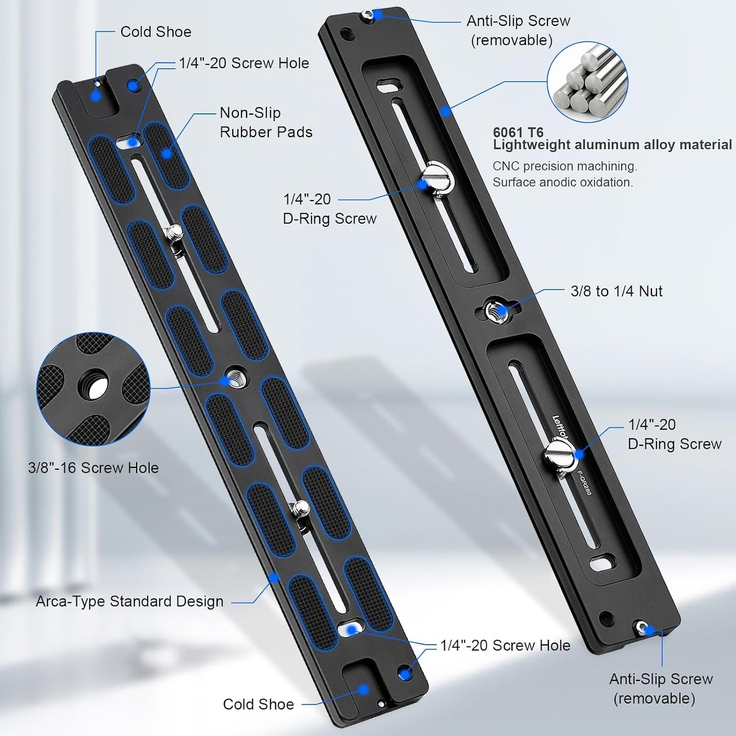 Leftfoto 280mm Metal Dovetail Slide Rail Arca Swiss Type Quick Release Plate with Cold Shoe & Anti-Slip Pads for DSLR
