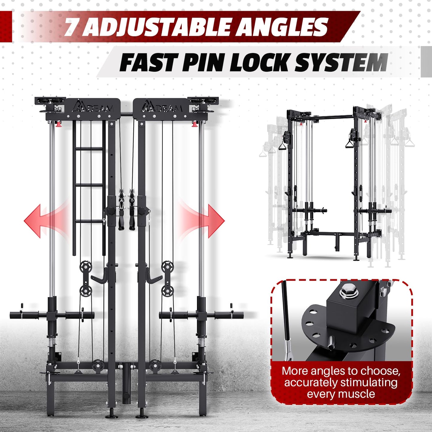 Folding Squat Rack, Wall Mounted Power Rack with Cable Crossover Machine & LAT Pull Down Multi-Function Space-Saving Power Cage with 7 Adjustable Modes/Dual Pulley System/Pull-up Bar/360°Landmine