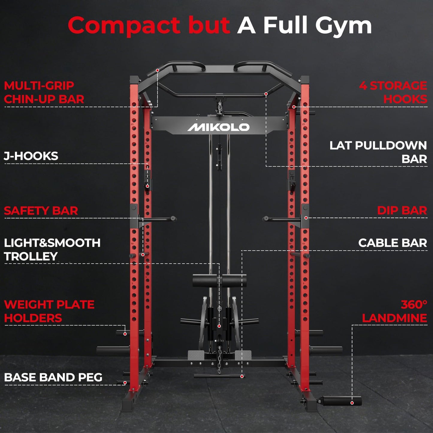 Mikolo F4 2.0 Power Cage with Dual-Track Smooth Pulley System, 1200LBS Power Rack with Leg Hold-Down for Heavy LAT Pulldowns, All-in-One Squat Rack with More Training Attachments for Home Gym (Red)