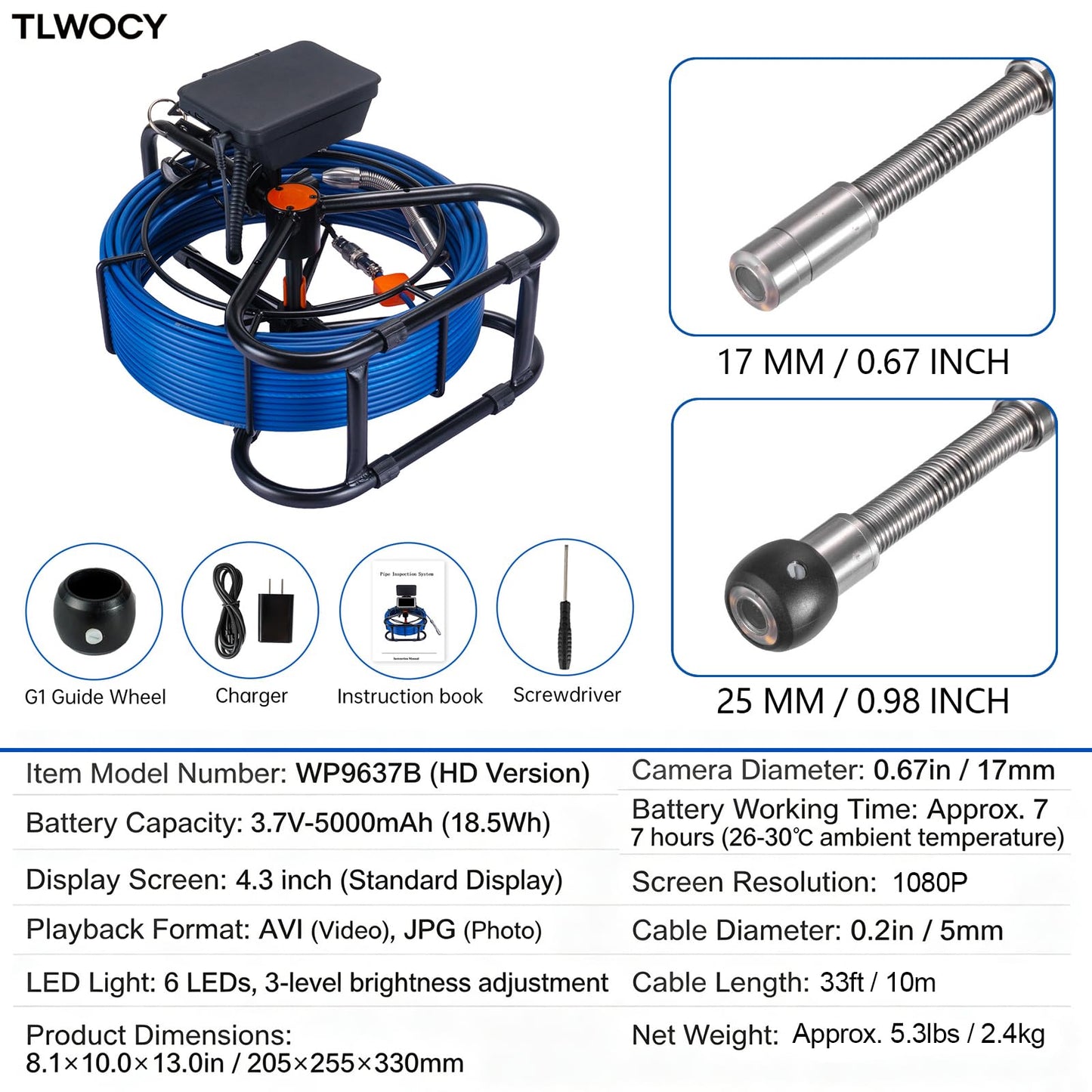 Sewer Camera 33FT,4.3" HD Screen 1080P DVR/16GB,17mm Endoscope Borescope Camera with 6 LED Light,5000mAh Battery,Supports Photo & Video Drain Pipe Camera for Plumbers (33FT/10M)