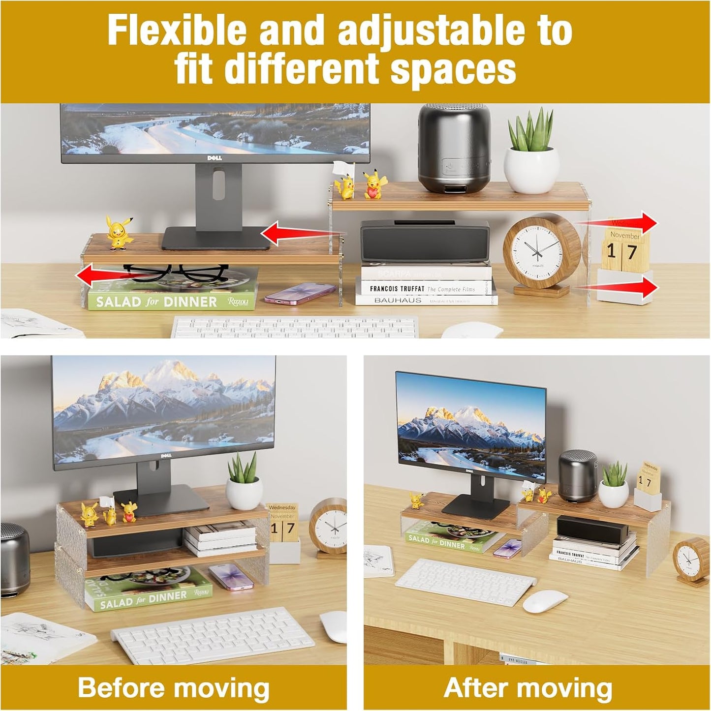 Legs15.74" Desk2-Tier PCModern Adjustable Monitor Stand Riser with Acrylic Length Dual Monitor Stand for Wood Desktop