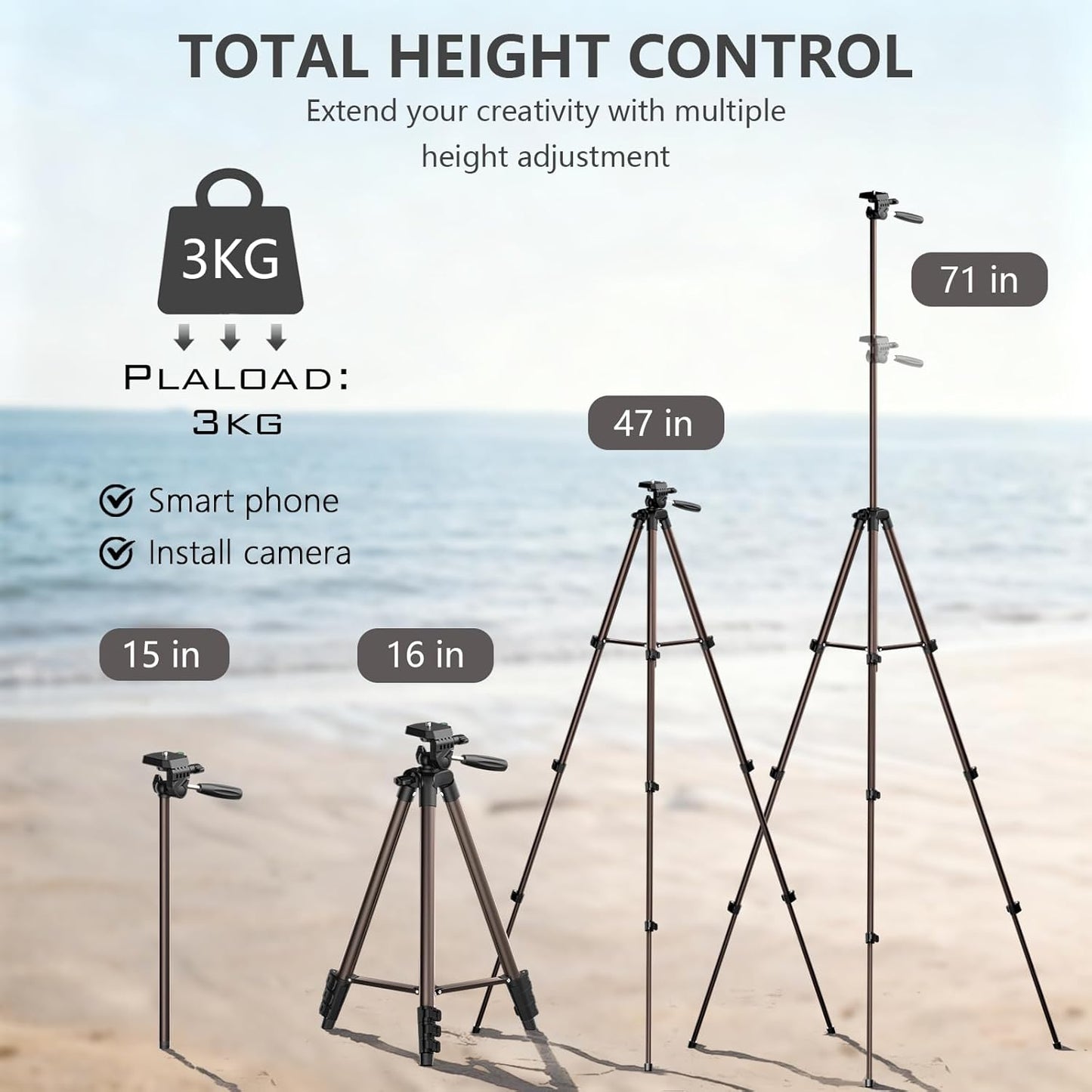Jishane 71" 6.6 lb Camera Tripod,Lightweight Aluminum Phone Tripod with Wireless Remote, Phone Holder & Carry Bag