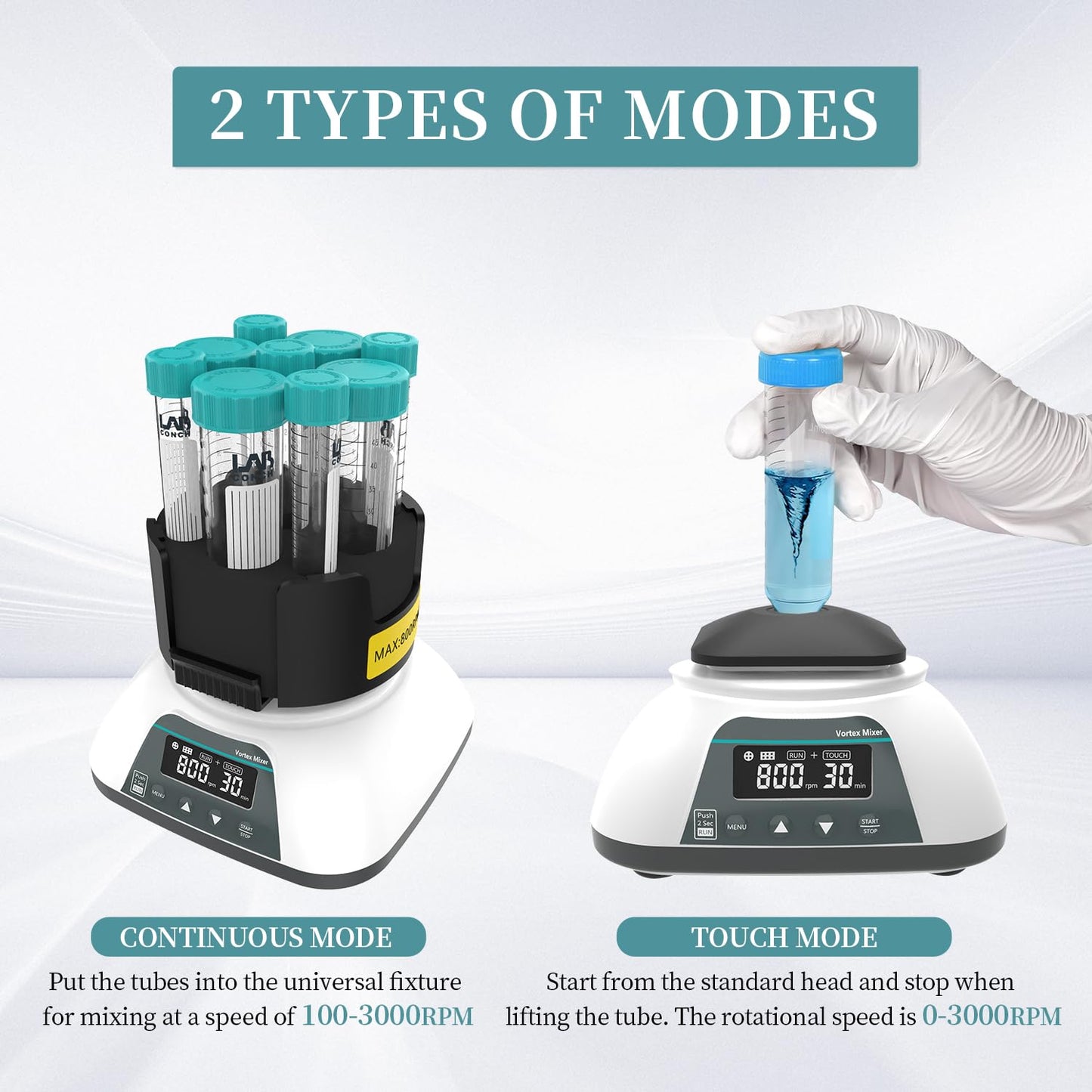 LABHOUSE Digital Vortex Mixer Shaker 0-3000 RPM Touch & Continuous Function W/ 7 Modules for Lab Tube Paints Polish Eyelash Adhesives Mixing(Timable)