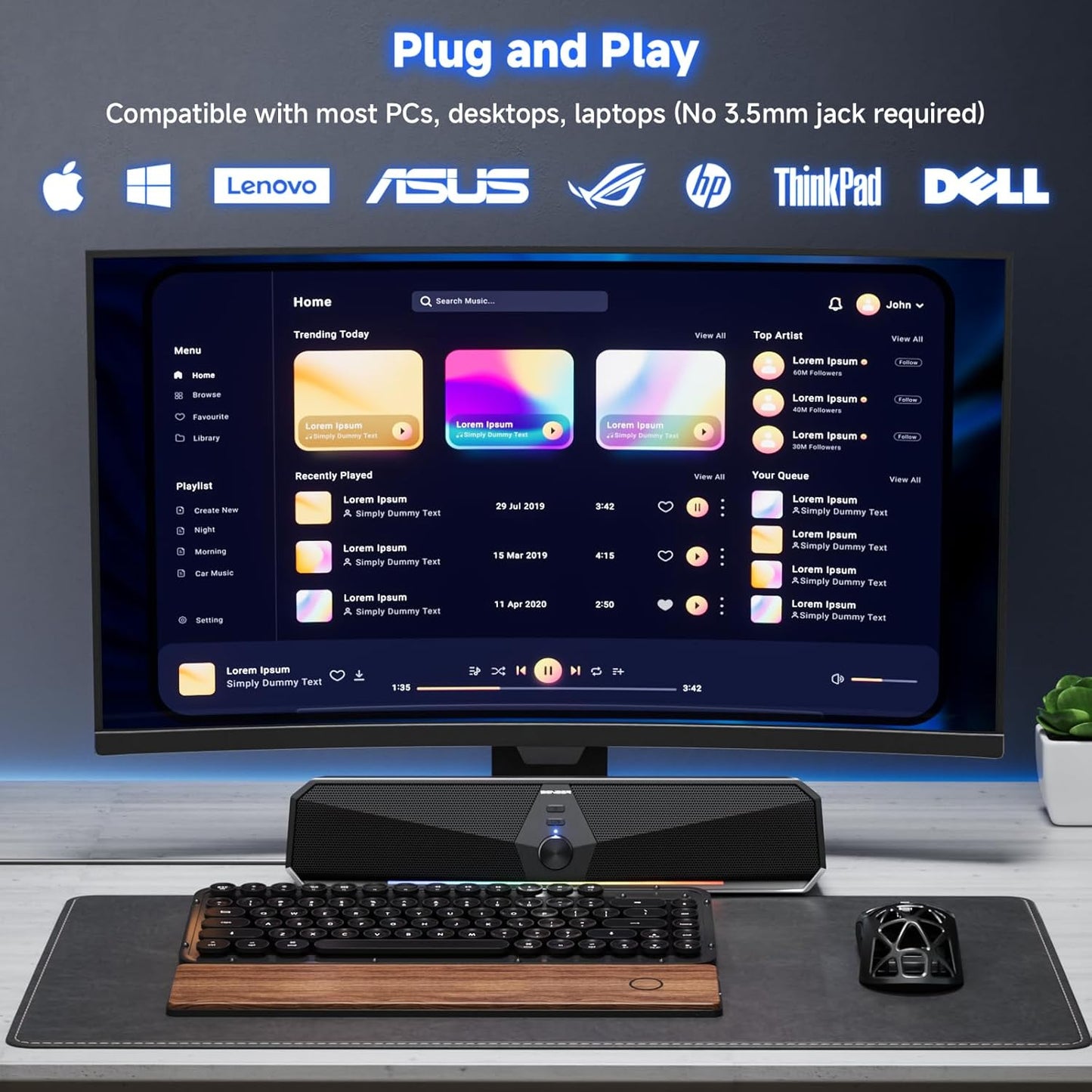 SENZER CS30 Bluetooth Computer Speakers for Desktop, USB Plug & Play PC Speakers with Dynamic LED Light, Stereo Sound