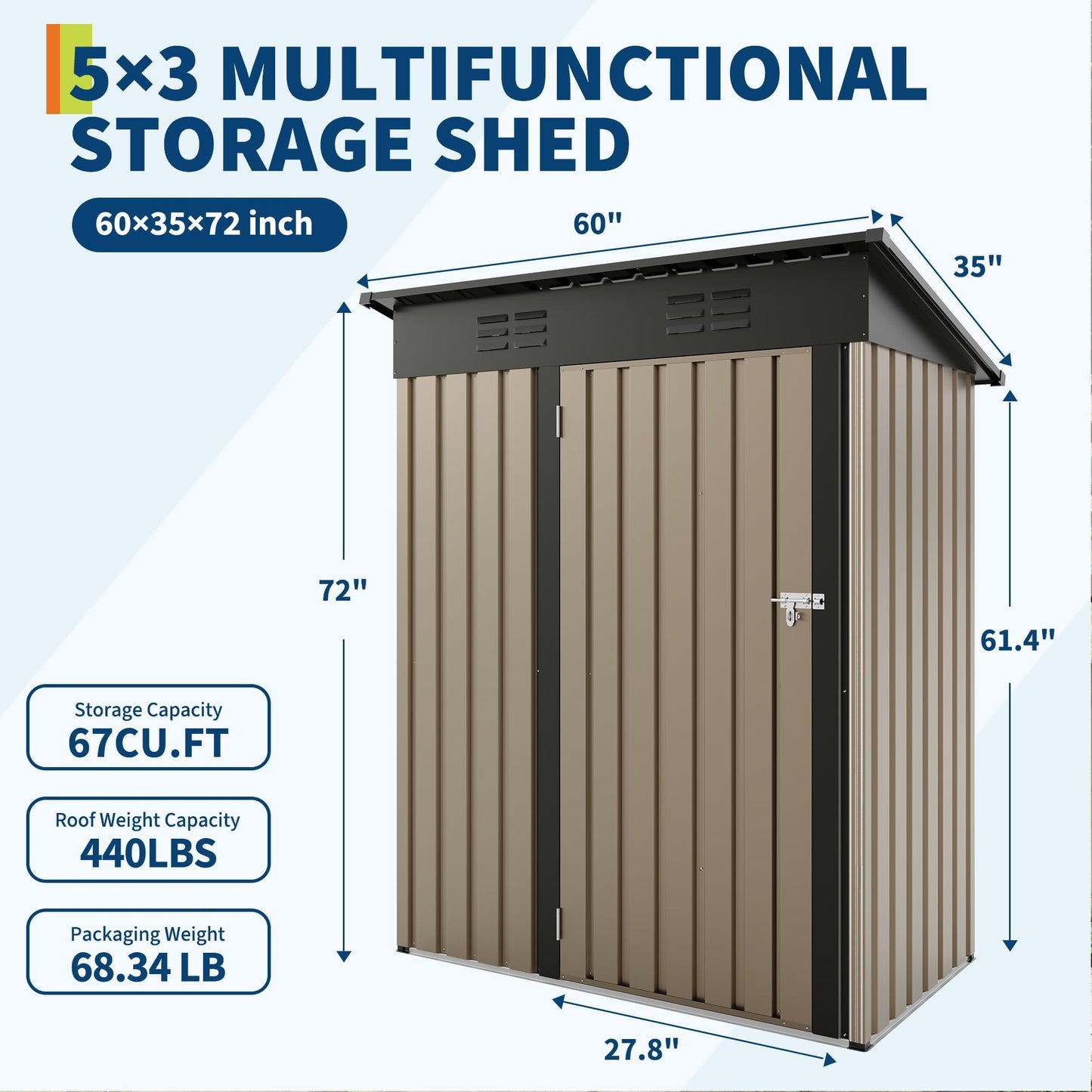 5x3FT Metal Storage Shed with Sloped Roof, Lockable Doors, Solar Light, Windows, and Vents, Outdoor Storage Sheds for Garden, Backyard, Patio Tools and Equipment