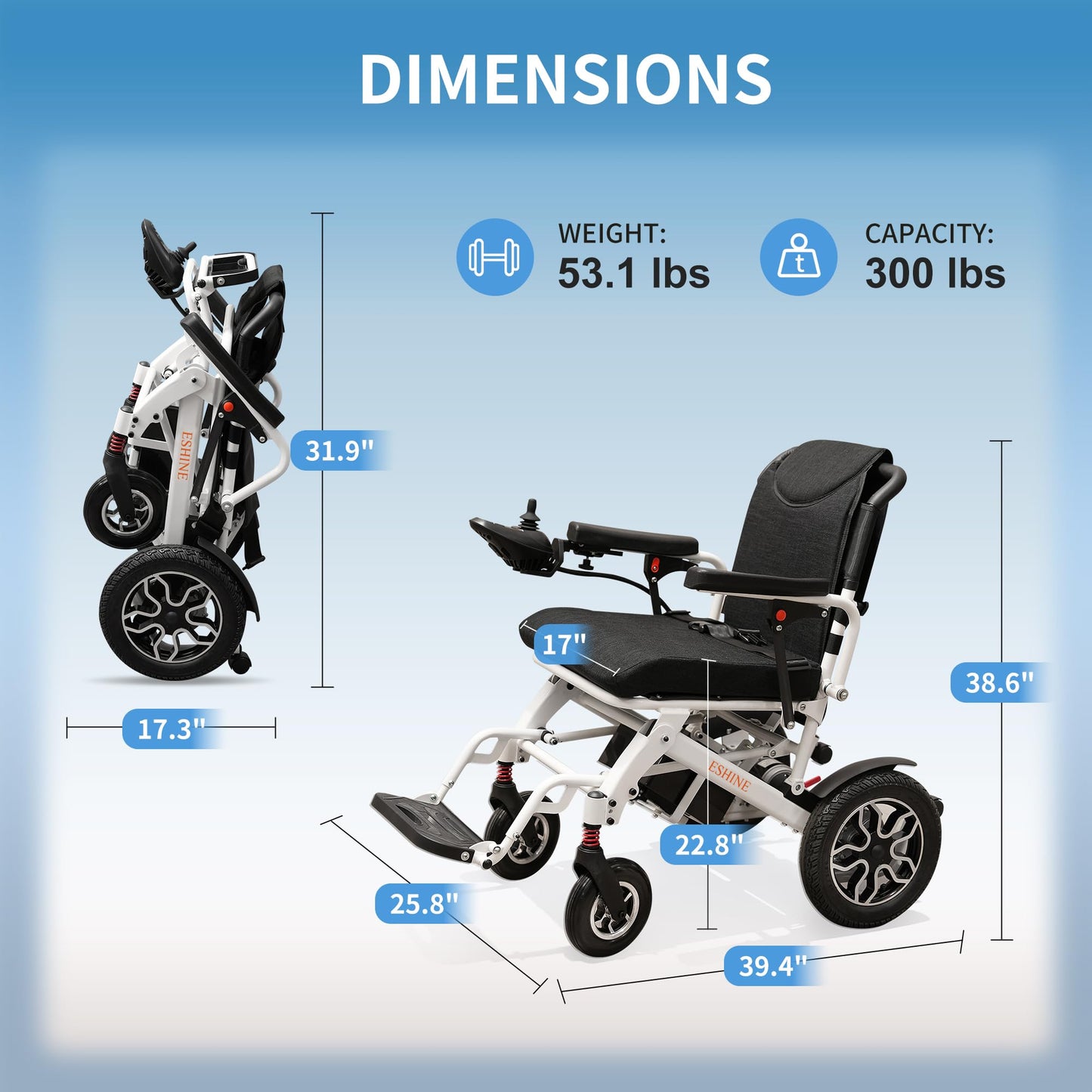 ESHINE Electric Wheelchairs for Adults - Lightweight Foldable Aluminum Power Wheelchair with Removable Battery Anti-Reverse Wheels Airline Approved, Quick 5-Minute Installation