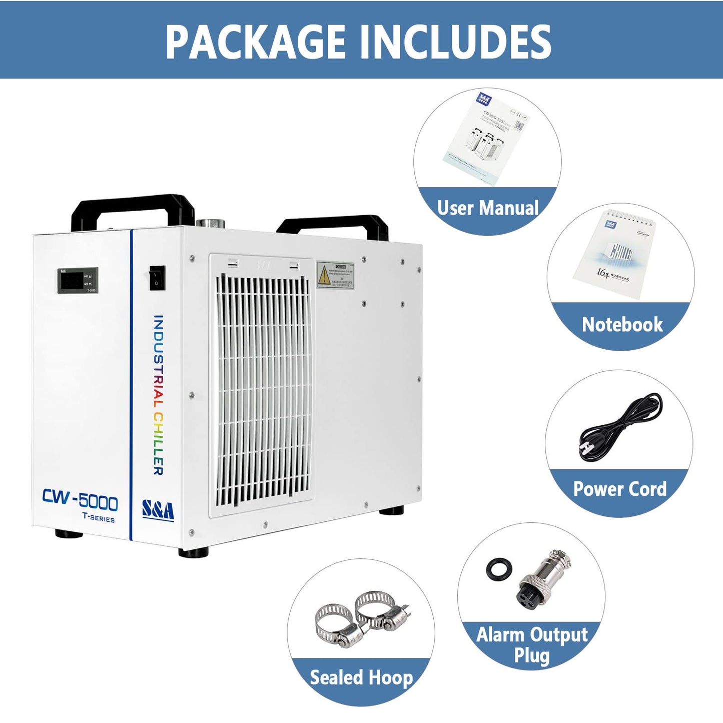 S&A CW-5000 DG Industrial Water Chiller 7L 1.14HP 2.64gpm Water Cooling System for 40W 50W 60W 70W 80W 90W 100W CO2 Laser Engraving & Cutting Machines,Cools 3868 BTU/Hour