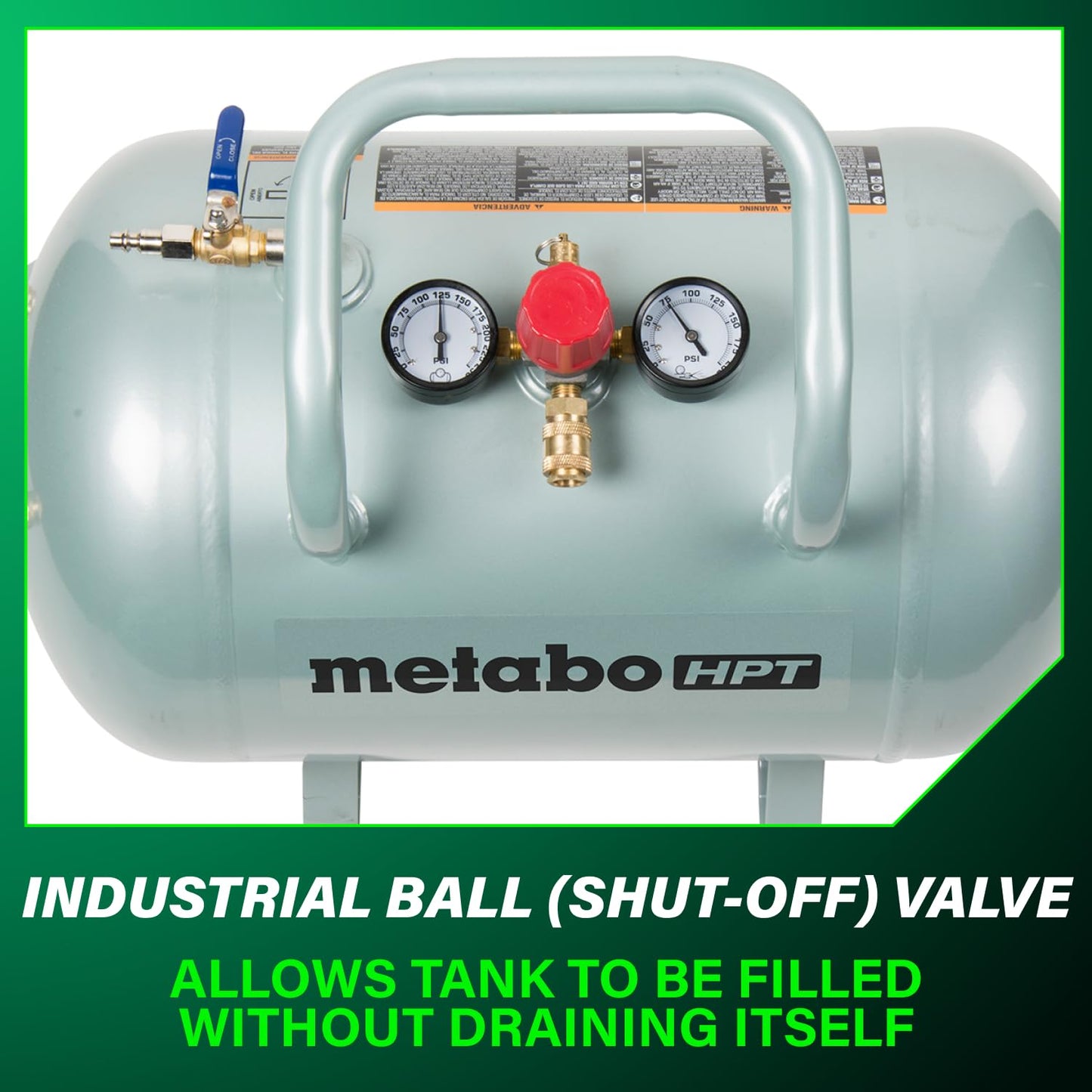 Metabo HPT Reserve Air Tank, High Capacity 10 Gallon Air Tank, ASME Certified, 5 Quick Connect Couplers, Industrial Pressure Gauges, Angled Steel Legs for Stability, UA3810AB