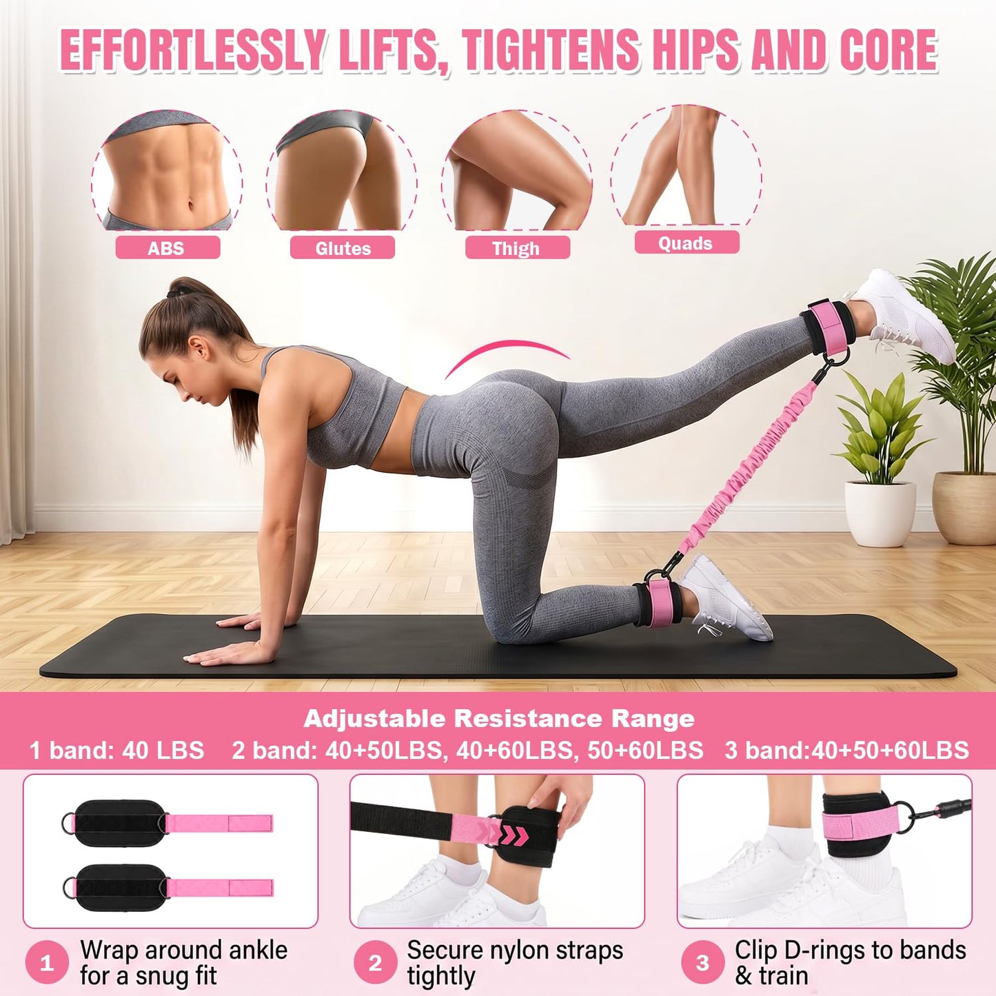MEDETAYI Pedal Resistance Band 40/50/60 lbs with Handles and Ankle Cuffs, 3-Tube Adjustable Exercise Bands for Women’s Home Workout, Abs, Core, Arm, Leg and Hip Training