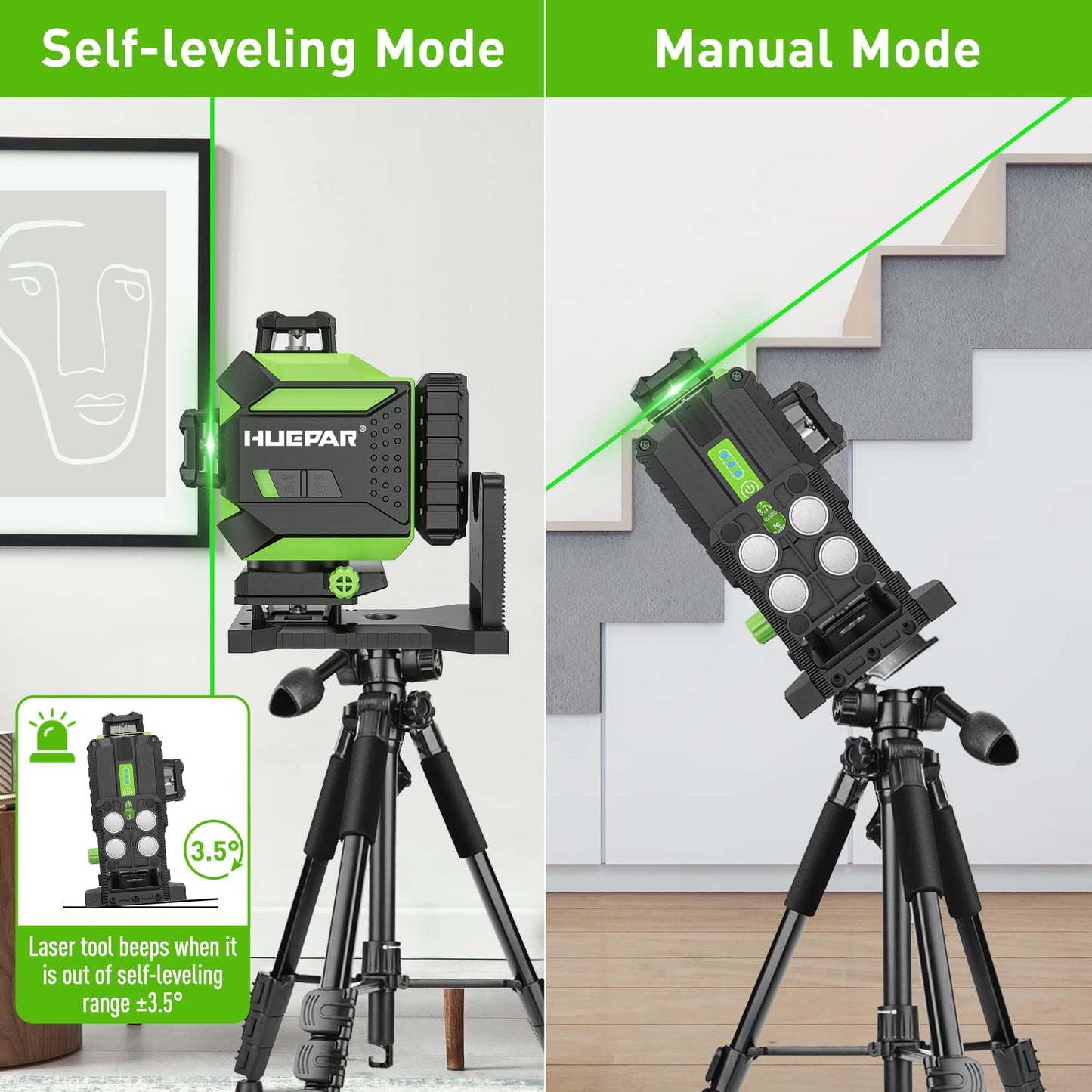 Huepar 360 Laser Level Self-Leveling Cross Line Laser Level 4D Green Beam 197Ft. Laser Tool 67.72" Lightweight Extendable Tripod, Li-ion Battery, Magnetic Base, Hard Carry Case-704CG&T16A