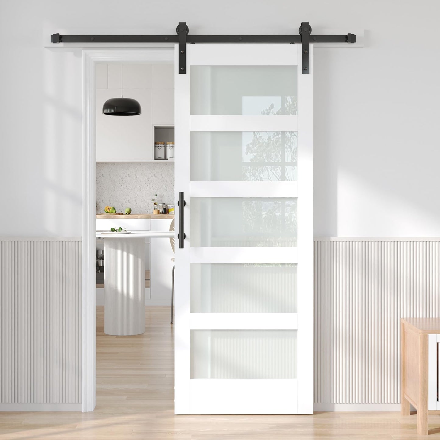 Fredbeck 30x80 White Glass Barn Door with 5.5FT 66inch Sliding Doors Hardware Kit Included,PVC Surface,Water-Proof,Water-Proof,Easy to Assembly