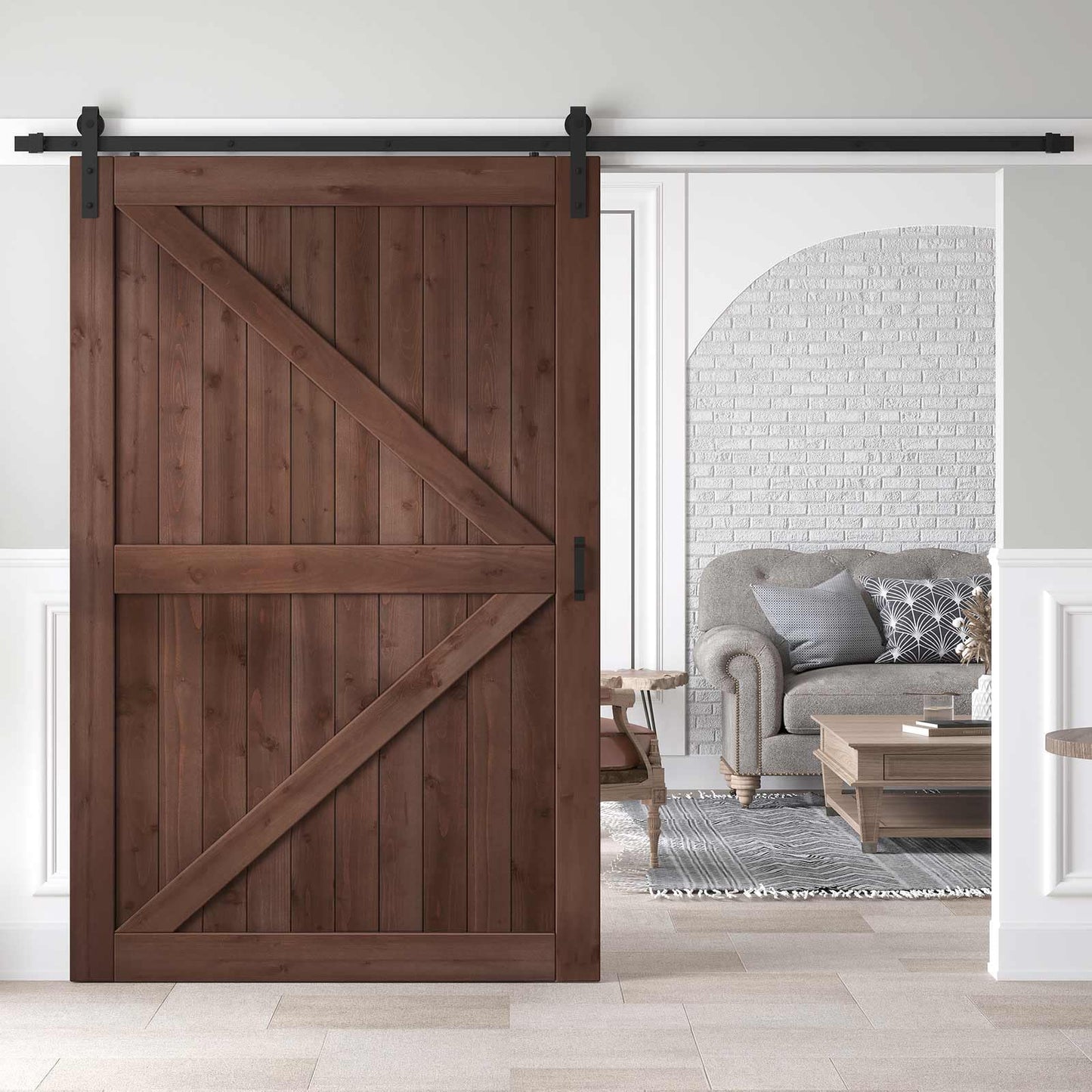ROYMELO 54x84 inch Sliding Barn Wood Door Slab with 9ft Hardware Kit and Handle, Coffee, K Shape, Simple DIY Assembly