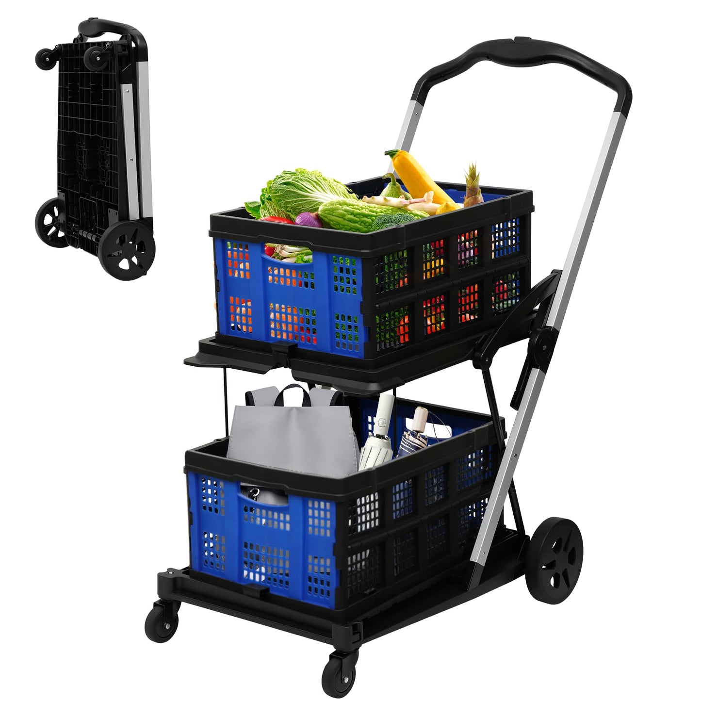 Collapsible Shopping Cart with 2 Bins Grocery Cart on Wheels Multi Use Two Tier Folding Cart for Farmers Market,Kitchen,Grocery Shop