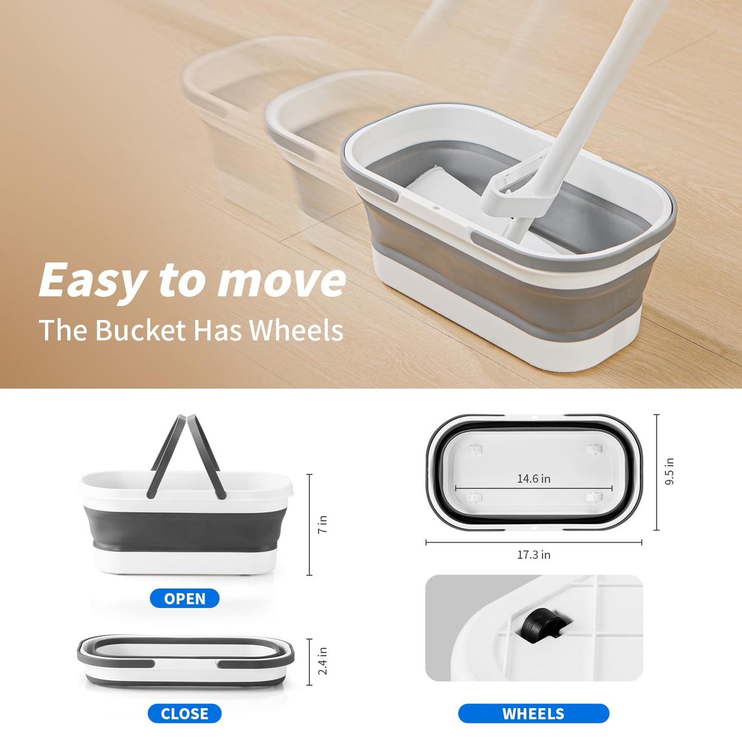 Oshang Flat Mop and Collapsible Bucket OG7 with Wheels, 2 Washable Reusable Microfiber Pads, Pure White