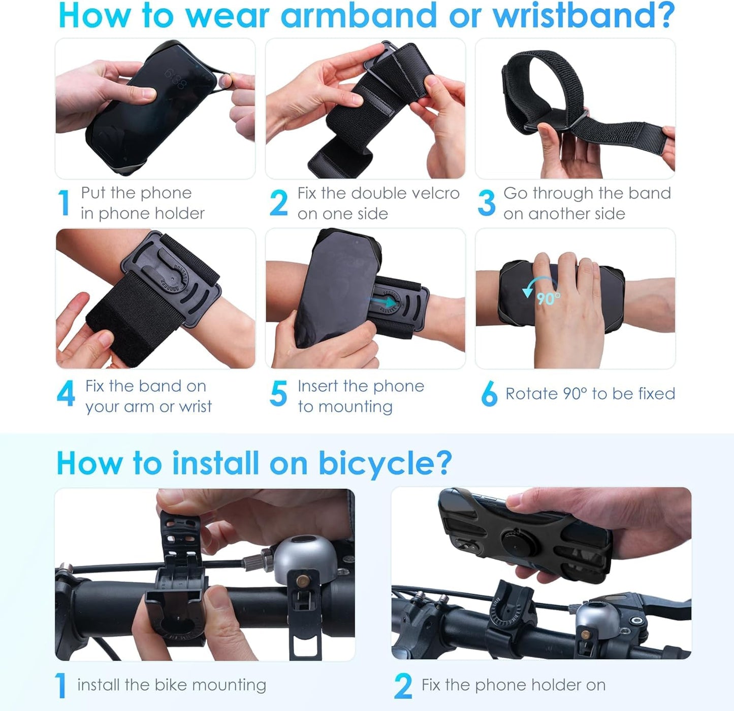 Cikyner Running Armband, 3 in 1 360° Rotatable & Detachable Sports/Bicycle Phone Holder for 4.5-7'' Smartphones, Ideal for Gym, Jogging, Hiking