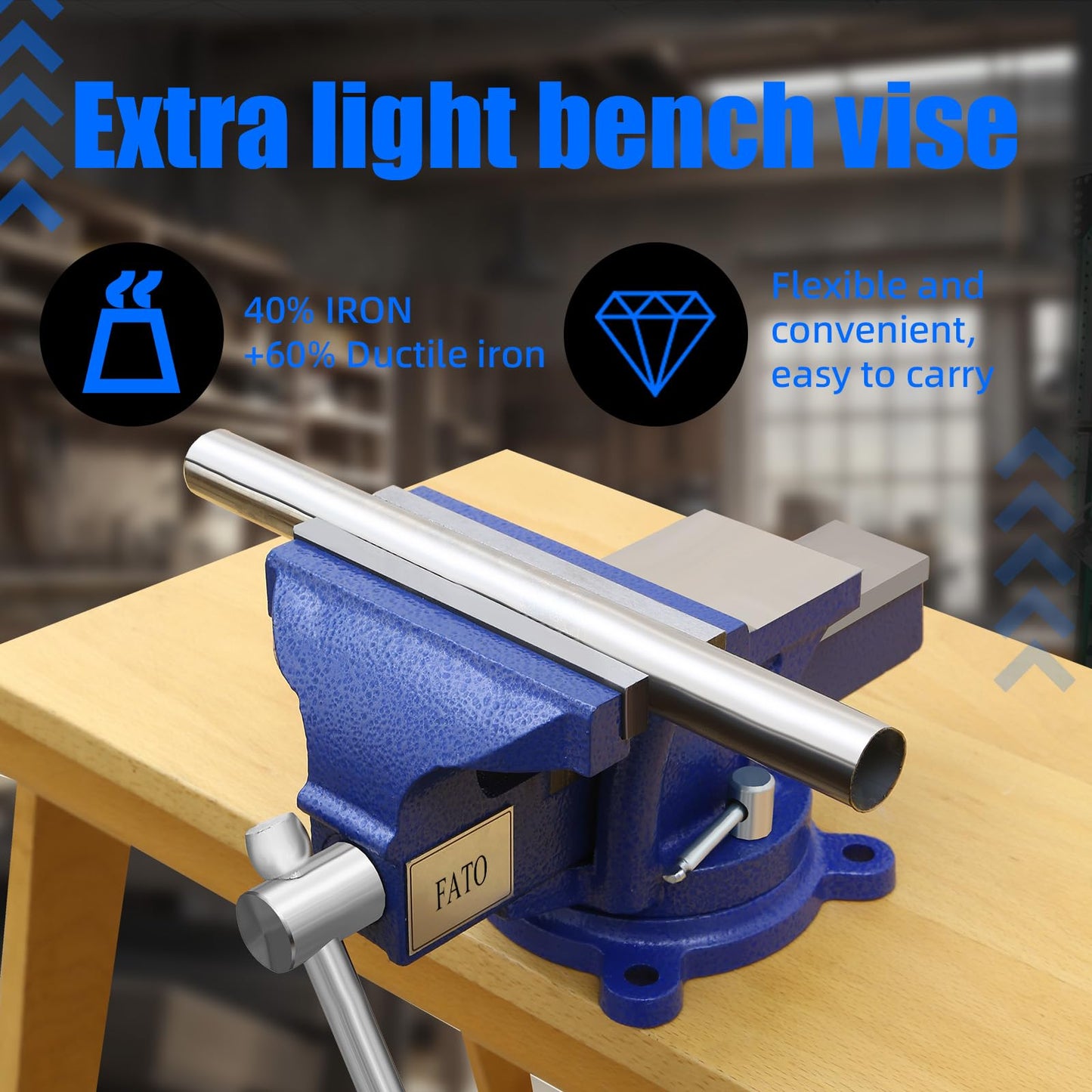 FATO FATO 5 Inch Light Duty Bench Vise – Ductile Iron Workbench Vise with 360° Swivel Base & Head, Anvil and Pipe Jaws, 4.92" Jaw Width 3.94" Opening, for Woodworking, Garage DIY