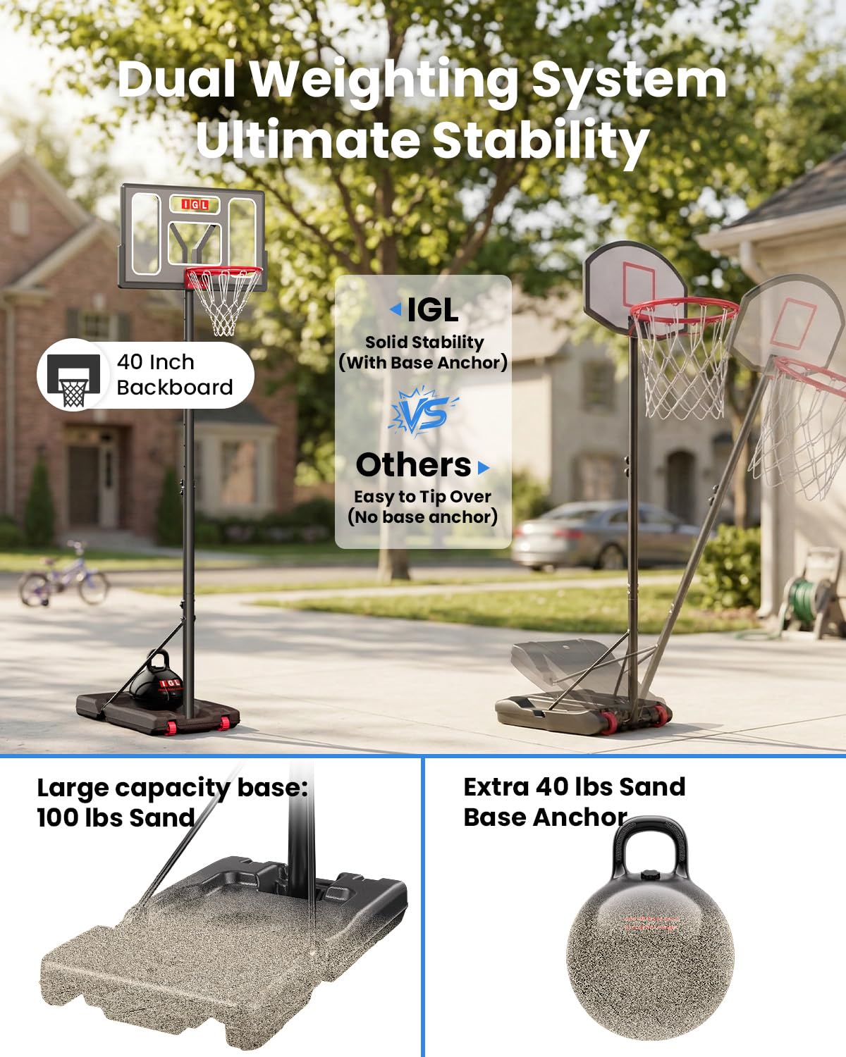 IGL Portable Basketball Hoop Outdoor, 3-10ft Adjustable Height, 40" Shatterproof Backboard, Fillable Base, Basketball Goal System for Driveway Backyard Pool, Fun for Family & All Ages
