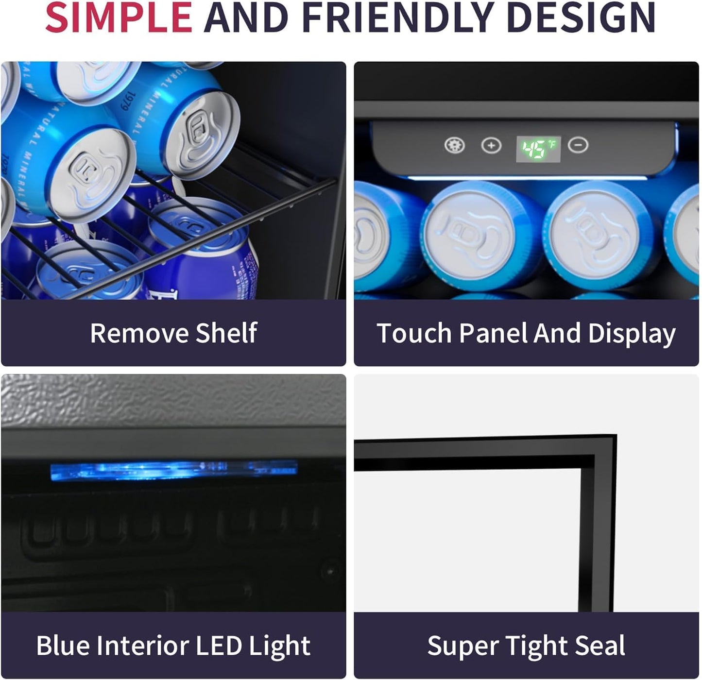 Icyglee 48 Can Beverage Refrigerator Cooler, Mini Fridge Glass Door with Adjustable Shelves, Freestanding Beverage Fridge with Blue LED for Home/Office/Dorm/Bar, 1.3 Cu.ft