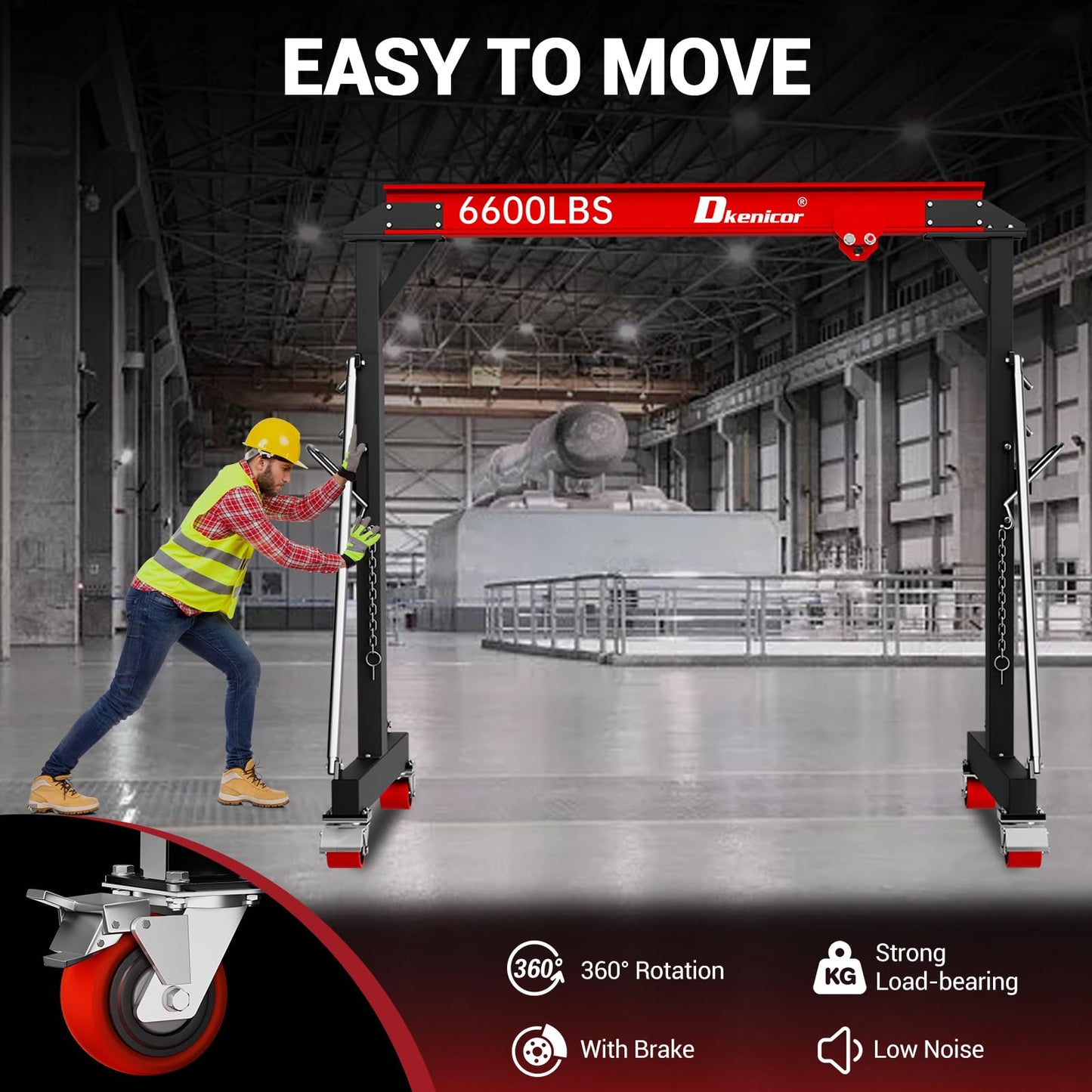 Dkenicor 3 Ton 6600Lb Gantry Crane, 9.06FT Maximum Width, 8.53-12.47ft Adjustable Height, Portable Shop Lift Hoist with 3 Ton Manual Trolley, Red