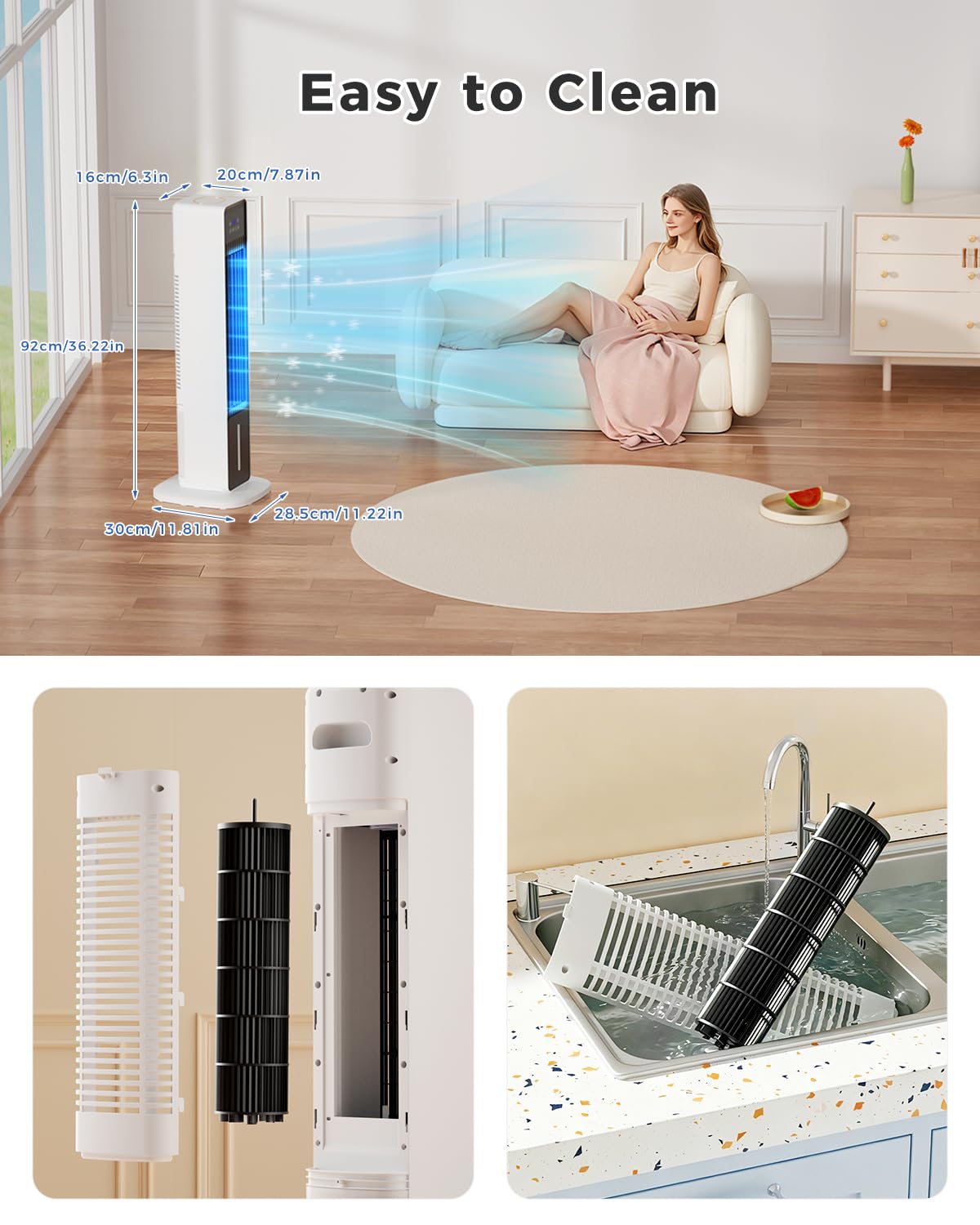 Evaporative Air Cooler, 3-in-1 Portable AC Tower Fan Air Conditioner with 4 Modes & 3 Speeds, 24H Timer, Remote 60°Oscillating Tower Fan, Quiet Swamp Cooler, Tower AC for Bedroom Office, 36inch, Black
