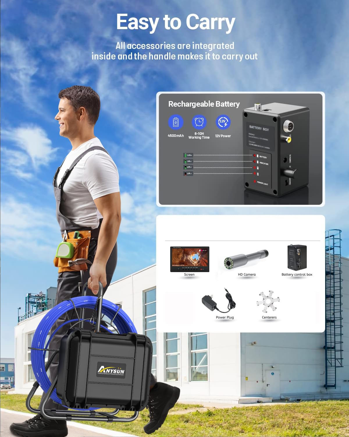 Anysun Sewer Camera with 512hz sonde, Self Leveling Sewer Inspection Camera 100ft with 7MM Cable and Meter Marker, 9'' Monitor and DVR, 12 Adjustable Lights(32GB Card)