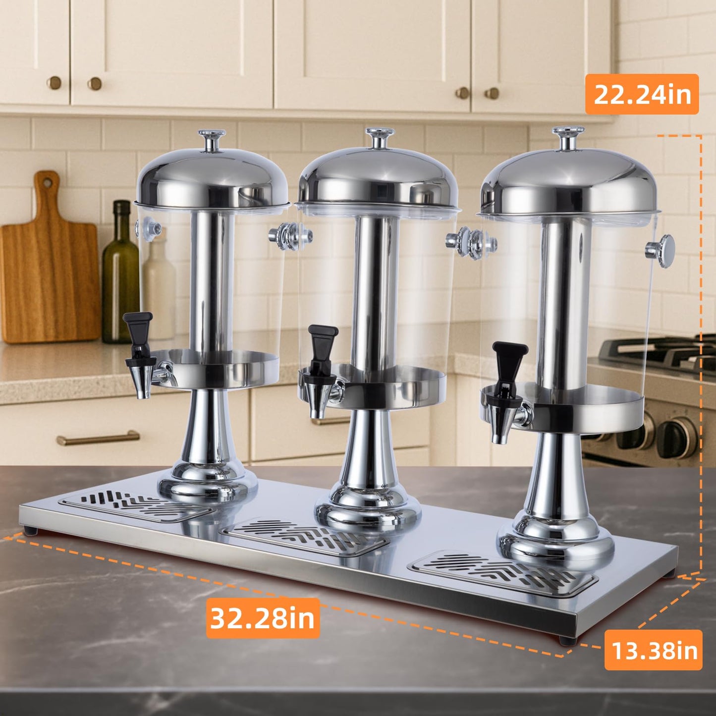 2.11Gallon Commercial Beverage Dispenser with Centre Ice Core and Stand Drip Trays Stainless Steel Cold Drink Dispenser for Parties Pub Cafeteria Restaurant Home Hotel (silver, Three Head)