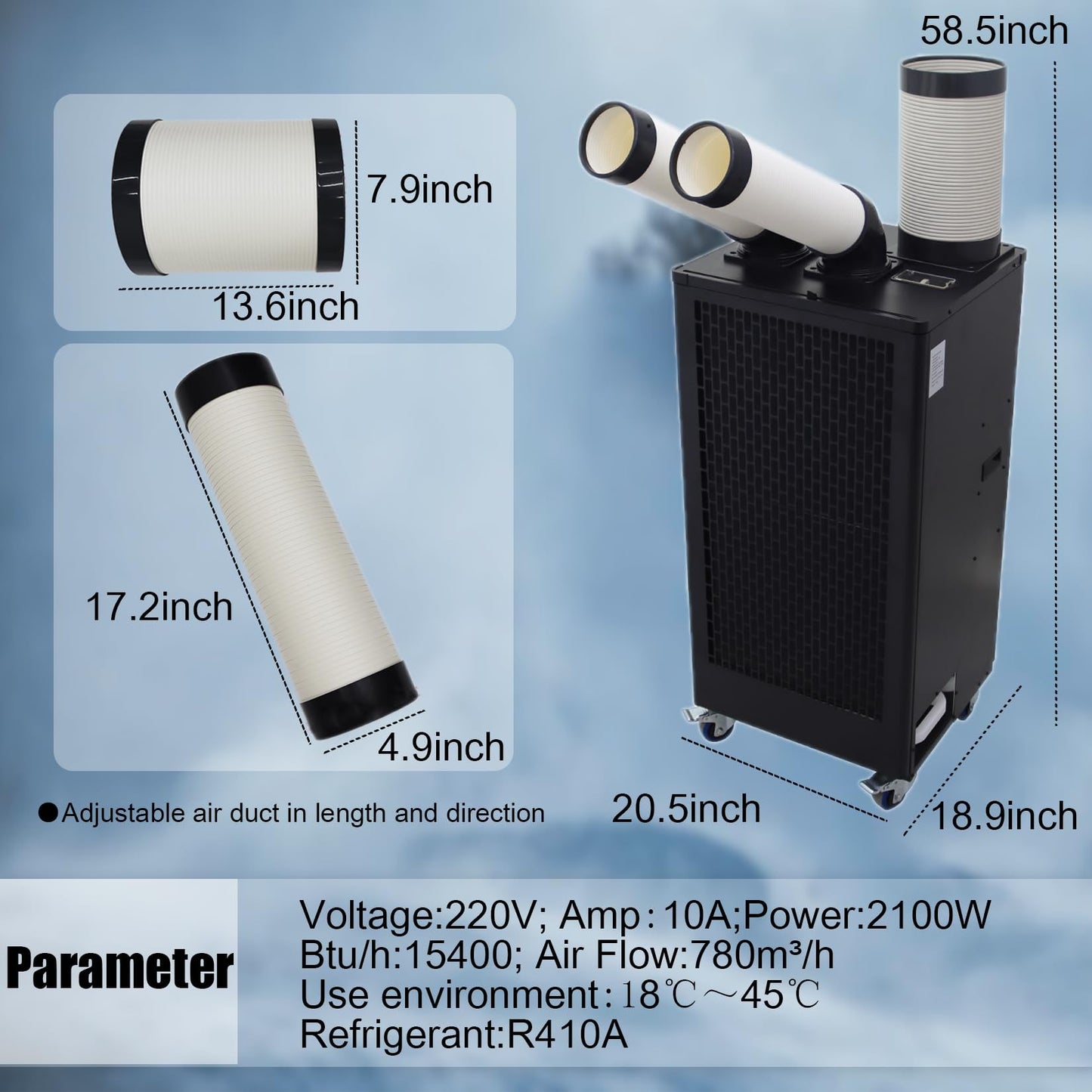 HayWHNKN Industrial Spot Cooler Air Conditioner Commercial Portable Air Cooler 15400 Btu/h Mobile for Outdoor Indoor Workshops 220V