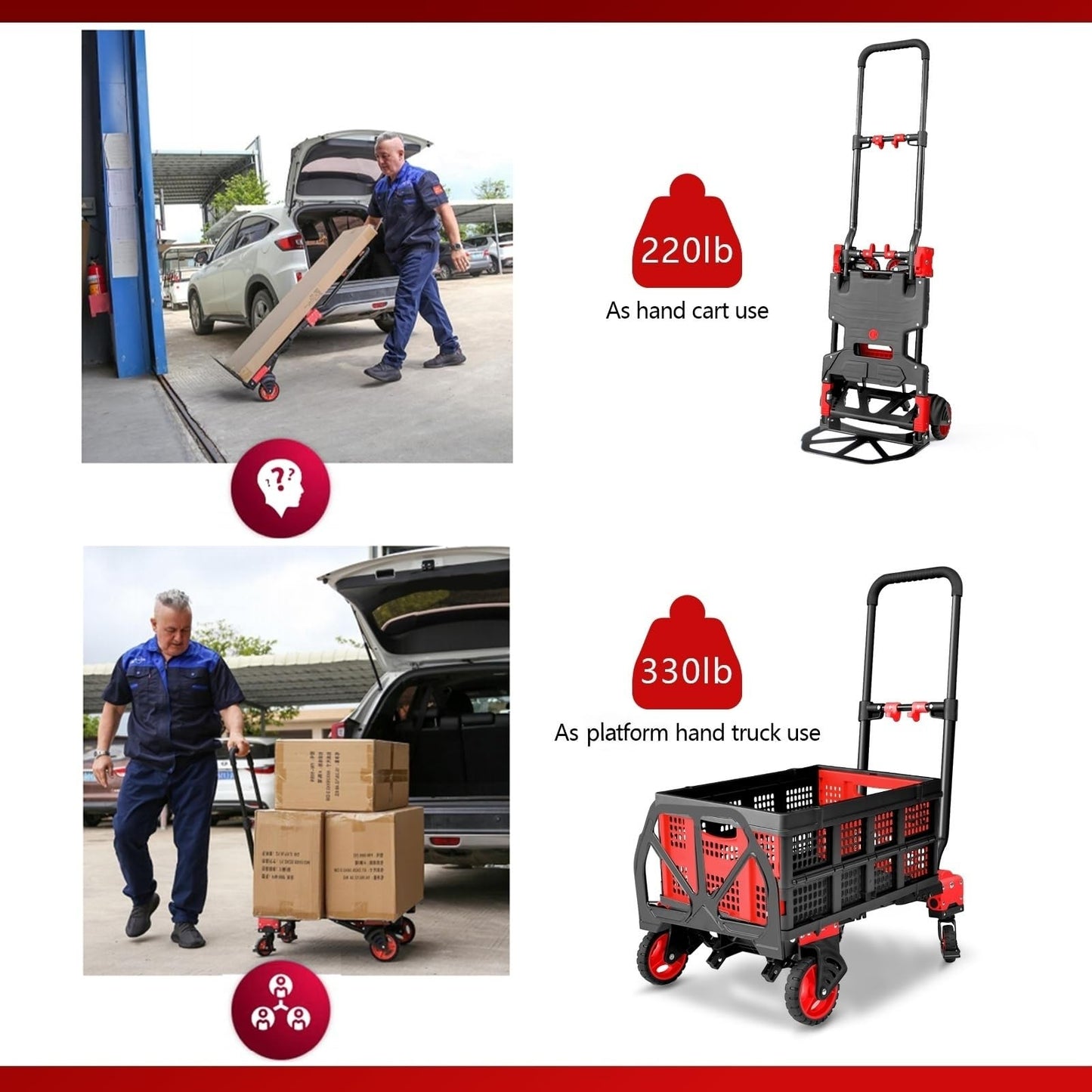 2-in-1 Hand Truck Dolly with Folding Basket, 330LB Heavy Duty Carrying Portable Handtruck, Foldable Hand Dolly with 360° Swivel Wheels&Retractable Handle for Moving, Luggage, Shopping, Office